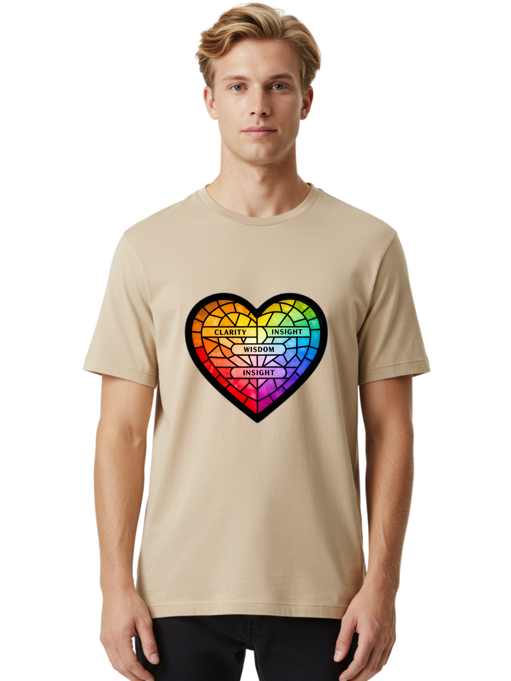 Clarity-Insight-Wisdom Men'S Graphic Tee, 100% Cotton, Comfortable Casual Summer Wear, Machine Washable, Stained Glass Heart, Rainbow Colors, Clarity, Insight, Wisdom, Inspirational Art, Colorful Design, Motivational Quotes, Vibrant Heart Bae150