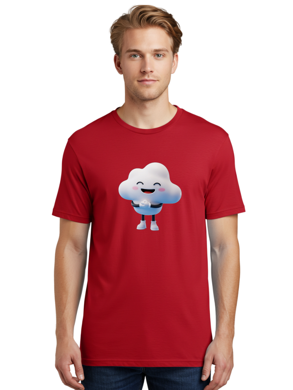 Cloud-Character Men'S Graphic Tee, 100% Cotton, Comfortable Casual Summer Wear, Machine Washable, Cartoon Cloud, Smiling Face, Rosy Cheeks, Happy Expression, Cute Design, Kawaii Character, Digital Illustration, Fluffy Cloud, Friendly Demeanor, Bae152