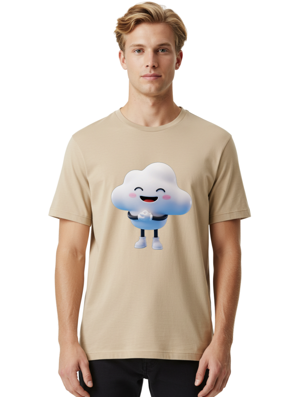 Cloud-Character Men'S Graphic Tee, 100% Cotton, Comfortable Casual Summer Wear, Machine Washable, Cartoon Cloud, Smiling Face, Rosy Cheeks, Happy Expression, Cute Design, Kawaii Character, Digital Illustration, Fluffy Cloud, Friendly Demeanor, Bae152