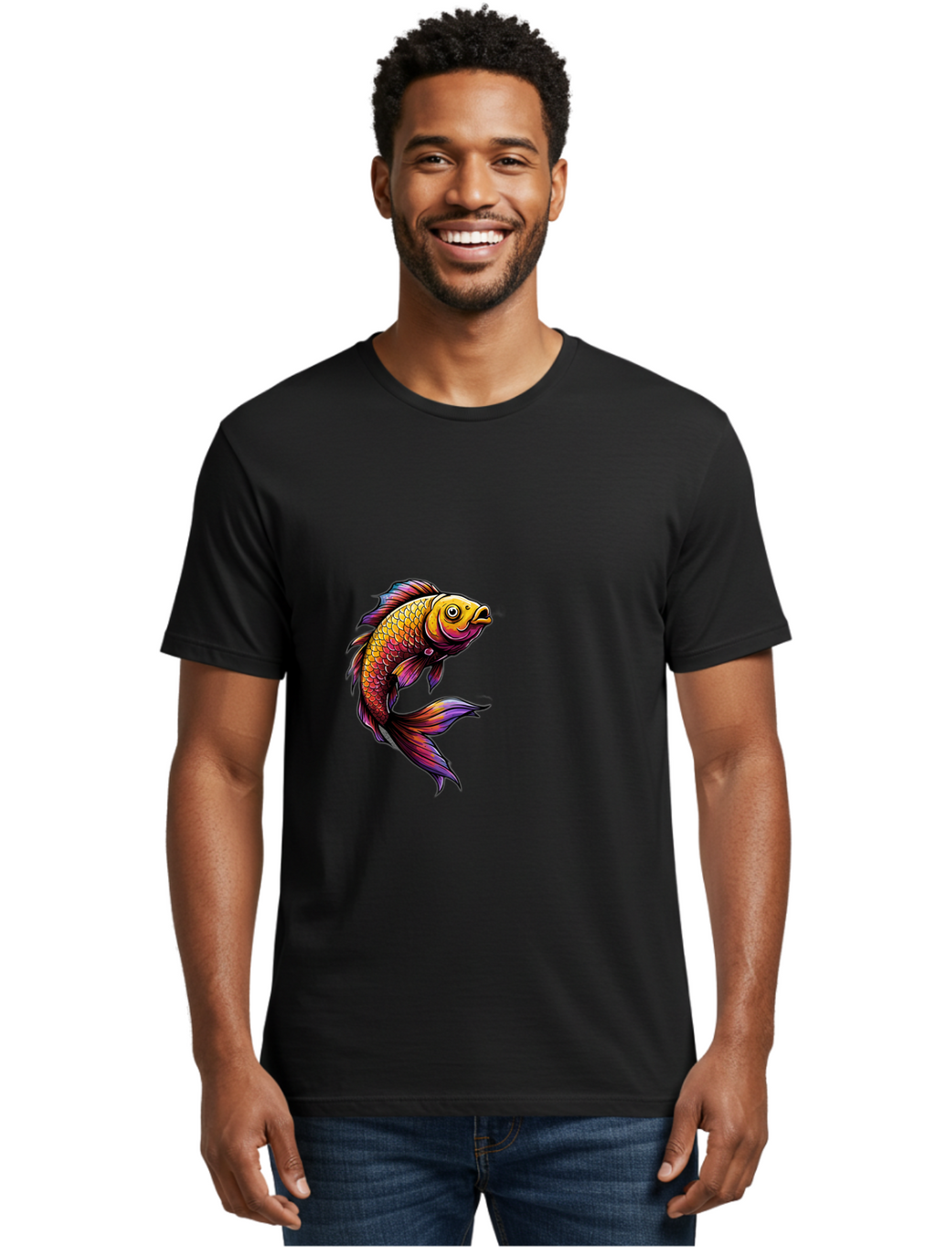 Colorful-Fish Men'S Graphic Tee, 100% Cotton, Comfortable Casual Summer Wear, Machine Washable, Goldfish, Vibrant Fish, Colorful Scales, Stylized Artwork, Aquatic Life, Cartoon Style, Whimsical Design, Digital Illustration, Fantasy Fish, Bae154