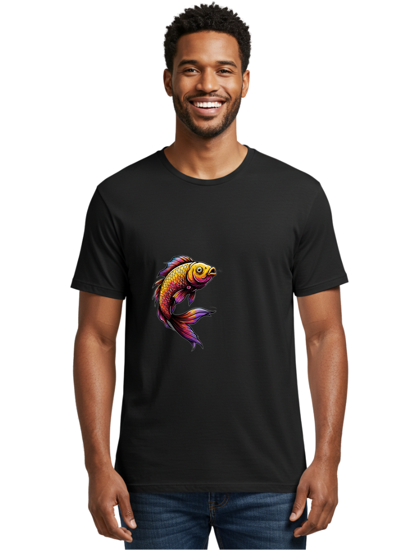 Colorful-Fish Men'S Graphic Tee, 100% Cotton, Comfortable Casual Summer Wear, Machine Washable, Goldfish, Vibrant Fish, Colorful Scales, Stylized Artwork, Aquatic Life, Cartoon Style, Whimsical Design, Digital Illustration, Fantasy Fish, Bae154
