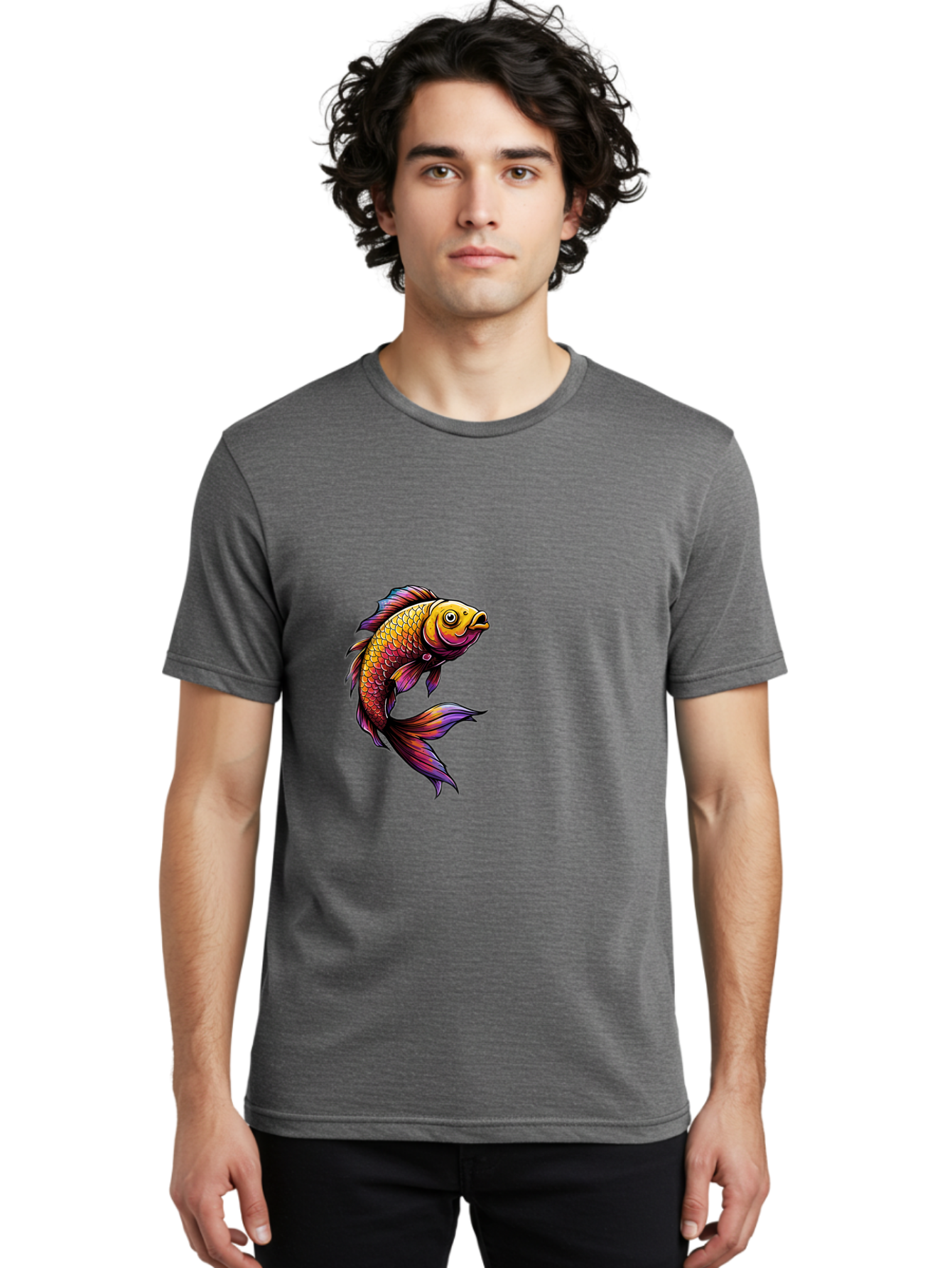 Colorful-Fish Men'S Graphic Tee, 100% Cotton, Comfortable Casual Summer Wear, Machine Washable, Goldfish, Vibrant Fish, Colorful Scales, Stylized Artwork, Aquatic Life, Cartoon Style, Whimsical Design, Digital Illustration, Fantasy Fish, Bae154