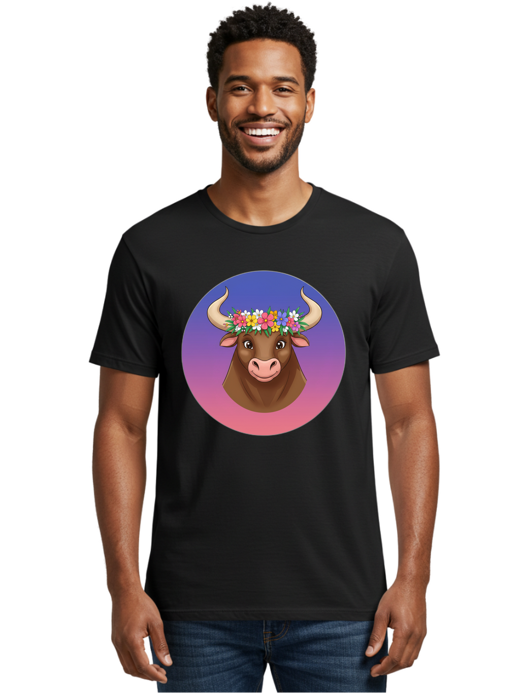 Cow-With-Flowers Men'S Graphic Tee, 100% Cotton, Comfortable Casual Summer Wear, Machine Washable, Cartoon Cow, Floral Crown, Colorful Flowers, Animal Illustration, Vibrant Colors, Whimsical Art, Happy Cow, Flower Power, Nature-Inspired Design Bae158