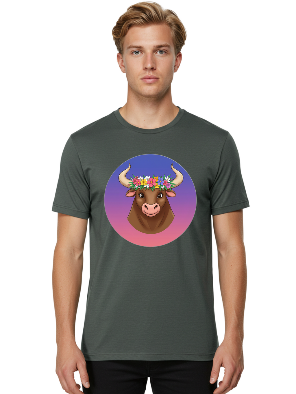 Cow-With-Flowers Men'S Graphic Tee, 100% Cotton, Comfortable Casual Summer Wear, Machine Washable, Cartoon Cow, Floral Crown, Colorful Flowers, Animal Illustration, Vibrant Colors, Whimsical Art, Happy Cow, Flower Power, Nature-Inspired Design Bae158