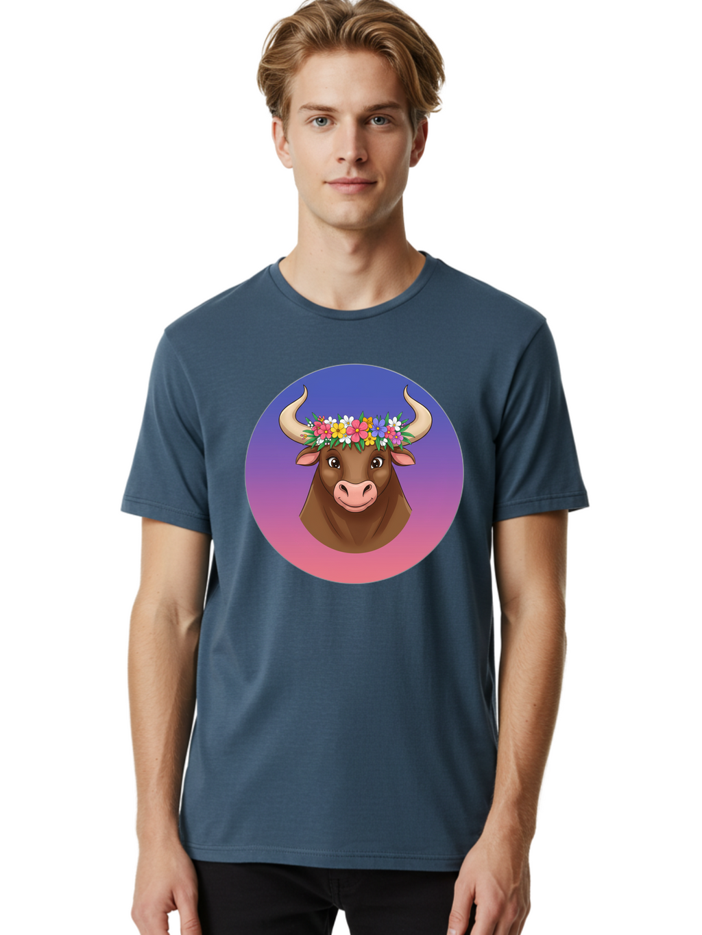 Cow-With-Flowers Men'S Graphic Tee, 100% Cotton, Comfortable Casual Summer Wear, Machine Washable, Cartoon Cow, Floral Crown, Colorful Flowers, Animal Illustration, Vibrant Colors, Whimsical Art, Happy Cow, Flower Power, Nature-Inspired Design Bae158