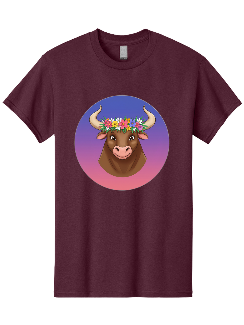 Cow-With-Flowers Men'S Graphic Tee, 100% Cotton, Comfortable Casual Summer Wear, Machine Washable, Cartoon Cow, Floral Crown, Colorful Flowers, Animal Illustration, Vibrant Colors, Whimsical Art, Happy Cow, Flower Power, Nature-Inspired Design Bae158