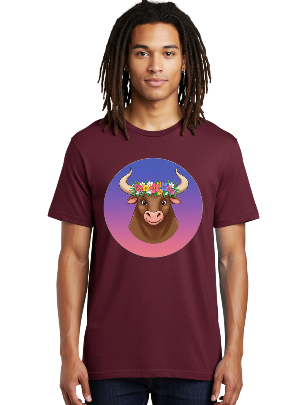 Cow-With-Flowers Men'S Graphic Tee, 100% Cotton, Comfortable Casual Summer Wear, Machine Washable, Cartoon Cow, Floral Crown, Colorful Flowers, Animal Illustration, Vibrant Colors, Whimsical Art, Happy Cow, Flower Power, Nature-Inspired Design Bae158