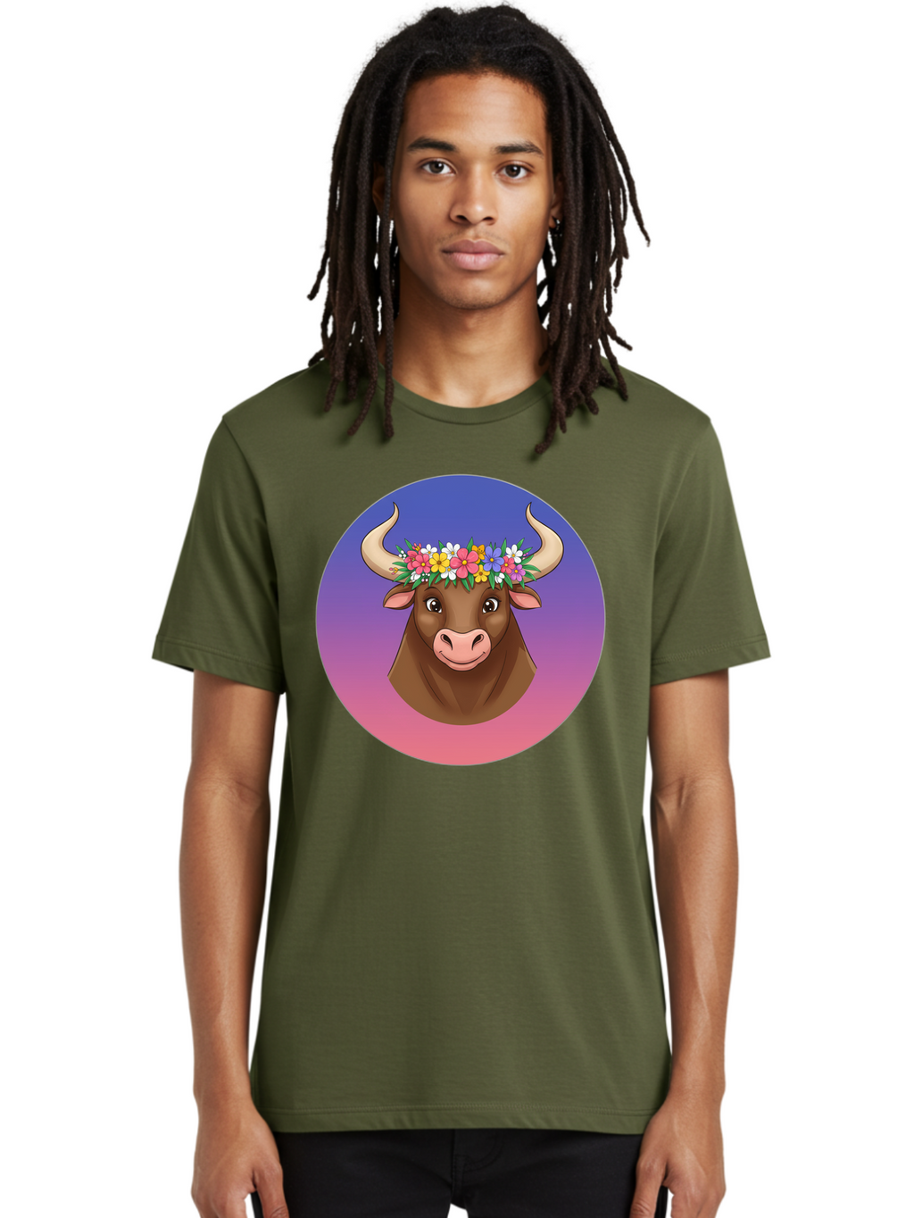 Cow-With-Flowers Men'S Graphic Tee, 100% Cotton, Comfortable Casual Summer Wear, Machine Washable, Cartoon Cow, Floral Crown, Colorful Flowers, Animal Illustration, Vibrant Colors, Whimsical Art, Happy Cow, Flower Power, Nature-Inspired Design Bae158