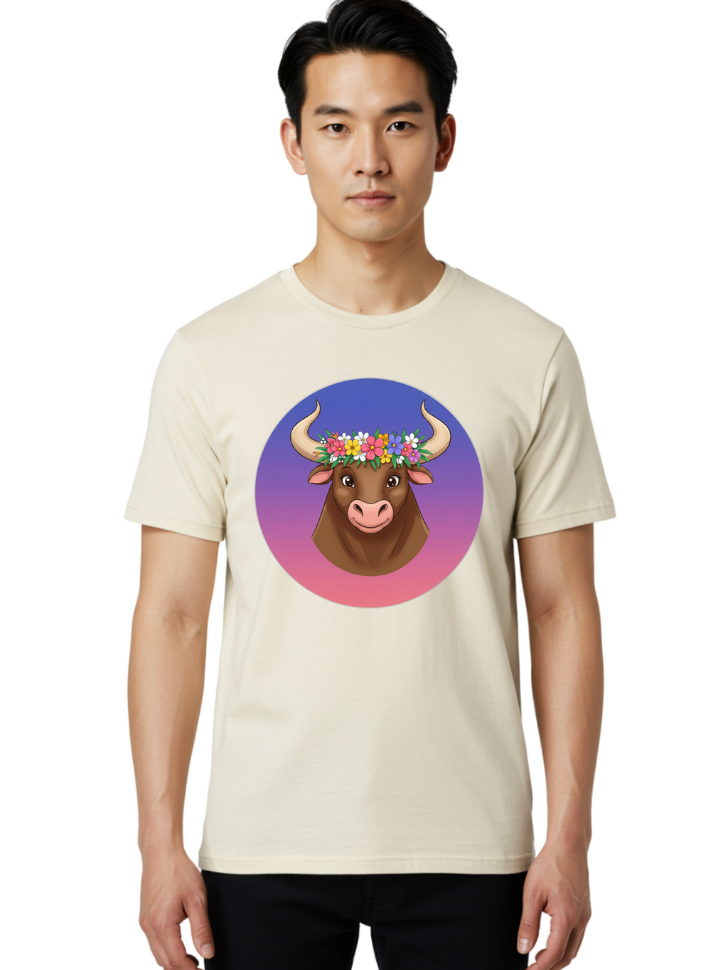 Cow-With-Flowers Men'S Graphic Tee, 100% Cotton, Comfortable Casual Summer Wear, Machine Washable, Cartoon Cow, Floral Crown, Colorful Flowers, Animal Illustration, Vibrant Colors, Whimsical Art, Happy Cow, Flower Power, Nature-Inspired Design Bae158