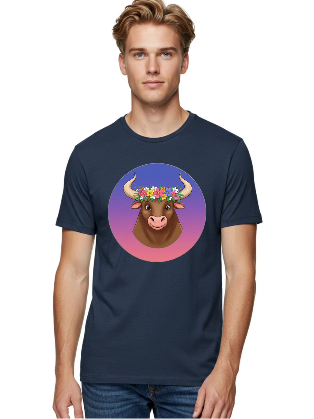 Cow-With-Flowers Men'S Graphic Tee, 100% Cotton, Comfortable Casual Summer Wear, Machine Washable, Cartoon Cow, Floral Crown, Colorful Flowers, Animal Illustration, Vibrant Colors, Whimsical Art, Happy Cow, Flower Power, Nature-Inspired Design Bae158