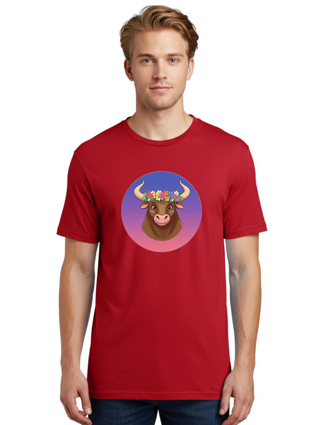 Cow-With-Flowers Men'S Graphic Tee, 100% Cotton, Comfortable Casual Summer Wear, Machine Washable, Cartoon Cow, Floral Crown, Colorful Flowers, Animal Illustration, Vibrant Colors, Whimsical Art, Happy Cow, Flower Power, Nature-Inspired Design Bae158