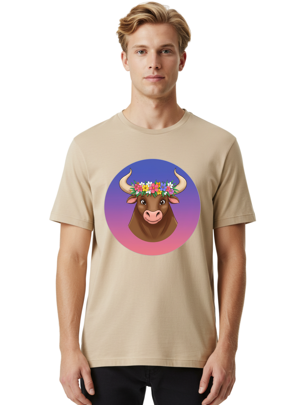 Cow-With-Flowers Men'S Graphic Tee, 100% Cotton, Comfortable Casual Summer Wear, Machine Washable, Cartoon Cow, Floral Crown, Colorful Flowers, Animal Illustration, Vibrant Colors, Whimsical Art, Happy Cow, Flower Power, Nature-Inspired Design Bae158