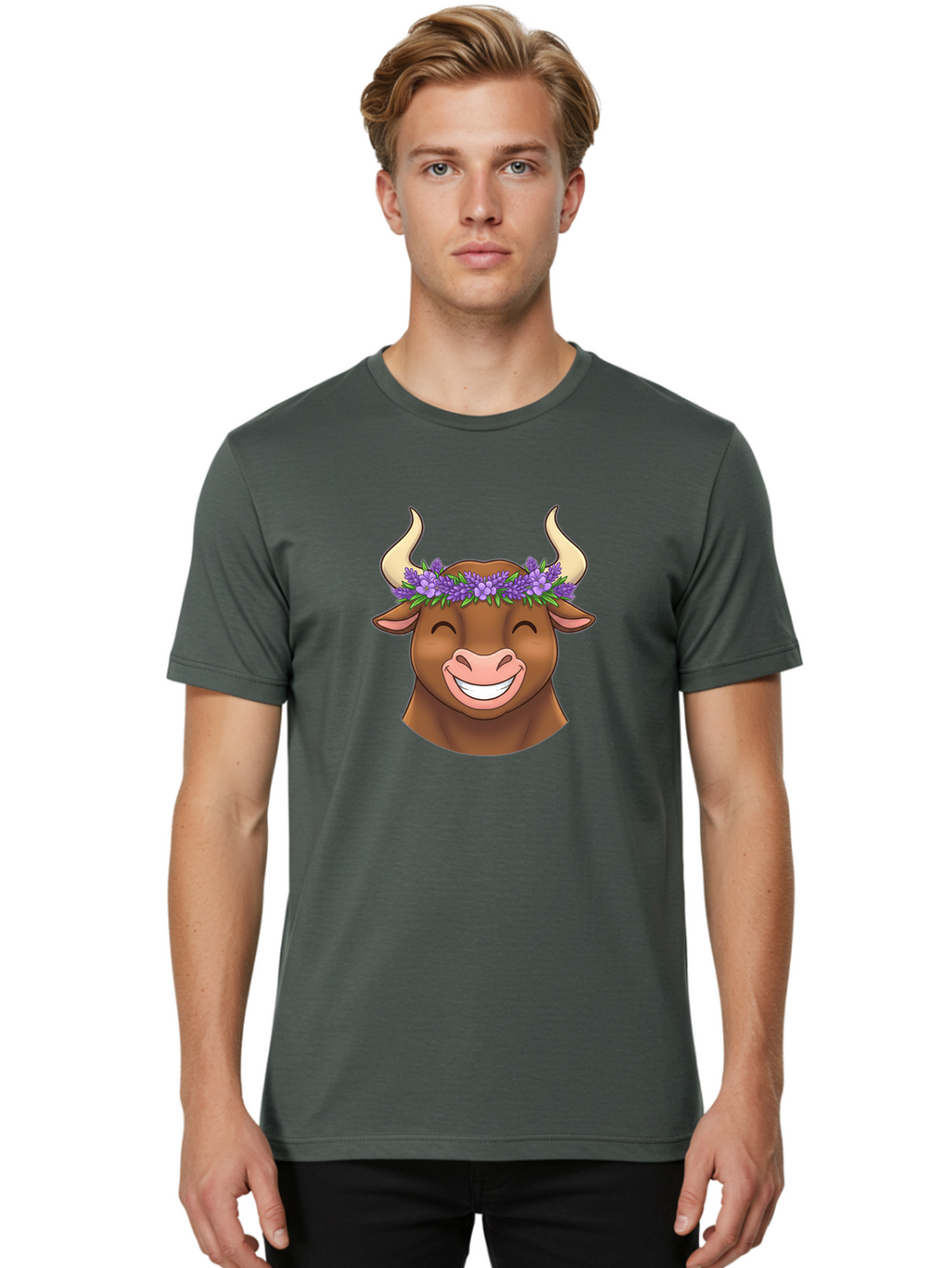 Cow-With-Lavender-Flowers Men'S Graphic Tee, 100% Cotton, Comfortable Casual Summer Wear, Machine Washable, Cartoon Bull Head, Smiling Face, Lavender Flowers, Crown Of Flowers, Happy Animal, Cartoon Character, Bull With Horns, Bae159