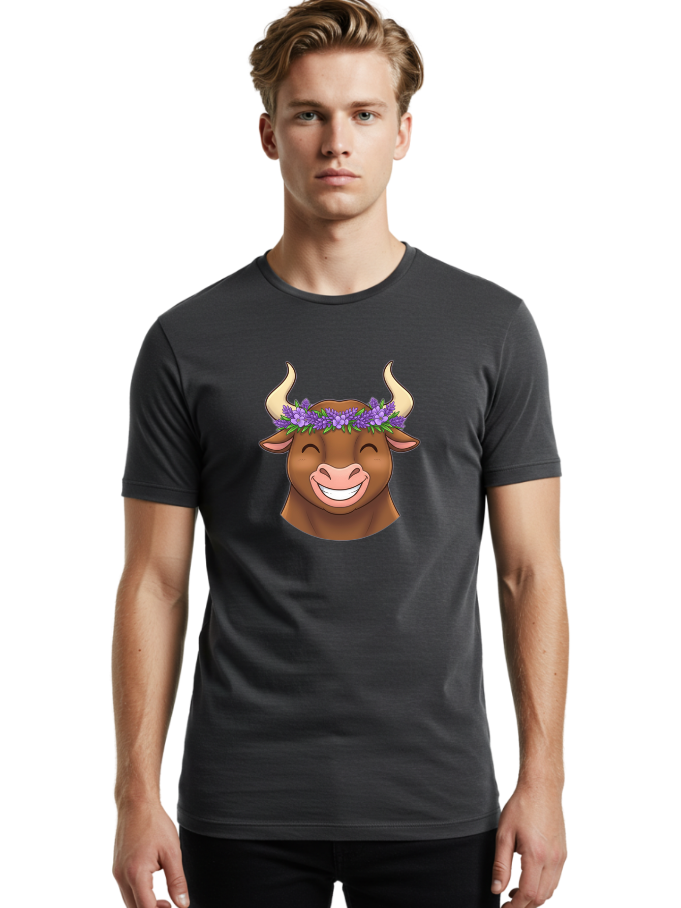 Cow-With-Lavender-Flowers Men'S Graphic Tee, 100% Cotton, Comfortable Casual Summer Wear, Machine Washable, Cartoon Bull Head, Smiling Face, Lavender Flowers, Crown Of Flowers, Happy Animal, Cartoon Character, Bull With Horns, Bae159