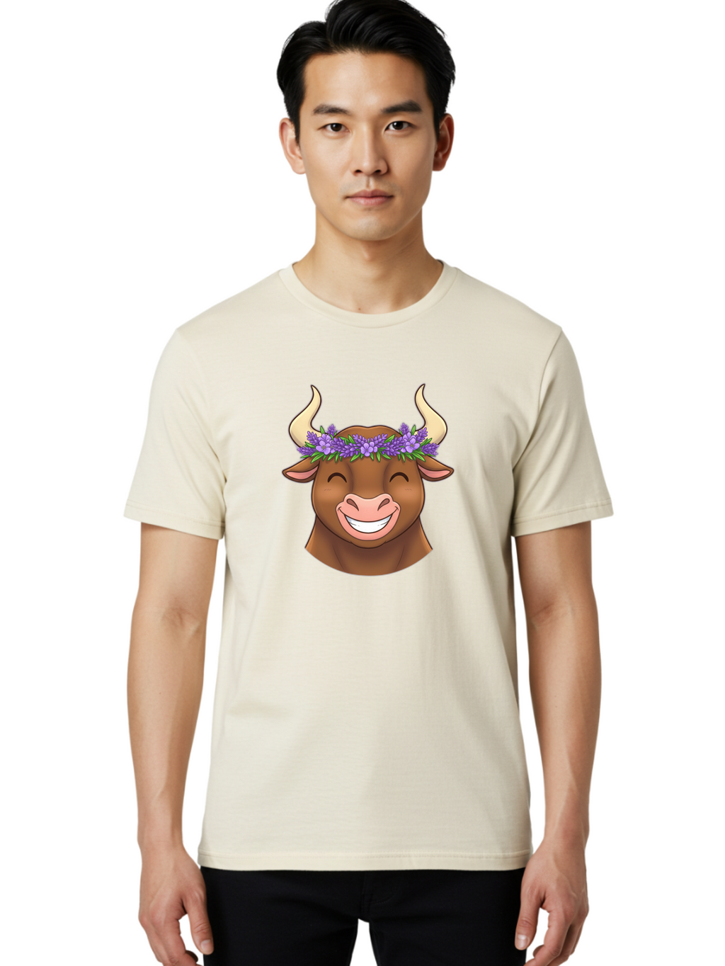 Cow-With-Lavender-Flowers Men'S Graphic Tee, 100% Cotton, Comfortable Casual Summer Wear, Machine Washable, Cartoon Bull Head, Smiling Face, Lavender Flowers, Crown Of Flowers, Happy Animal, Cartoon Character, Bull With Horns, Bae159