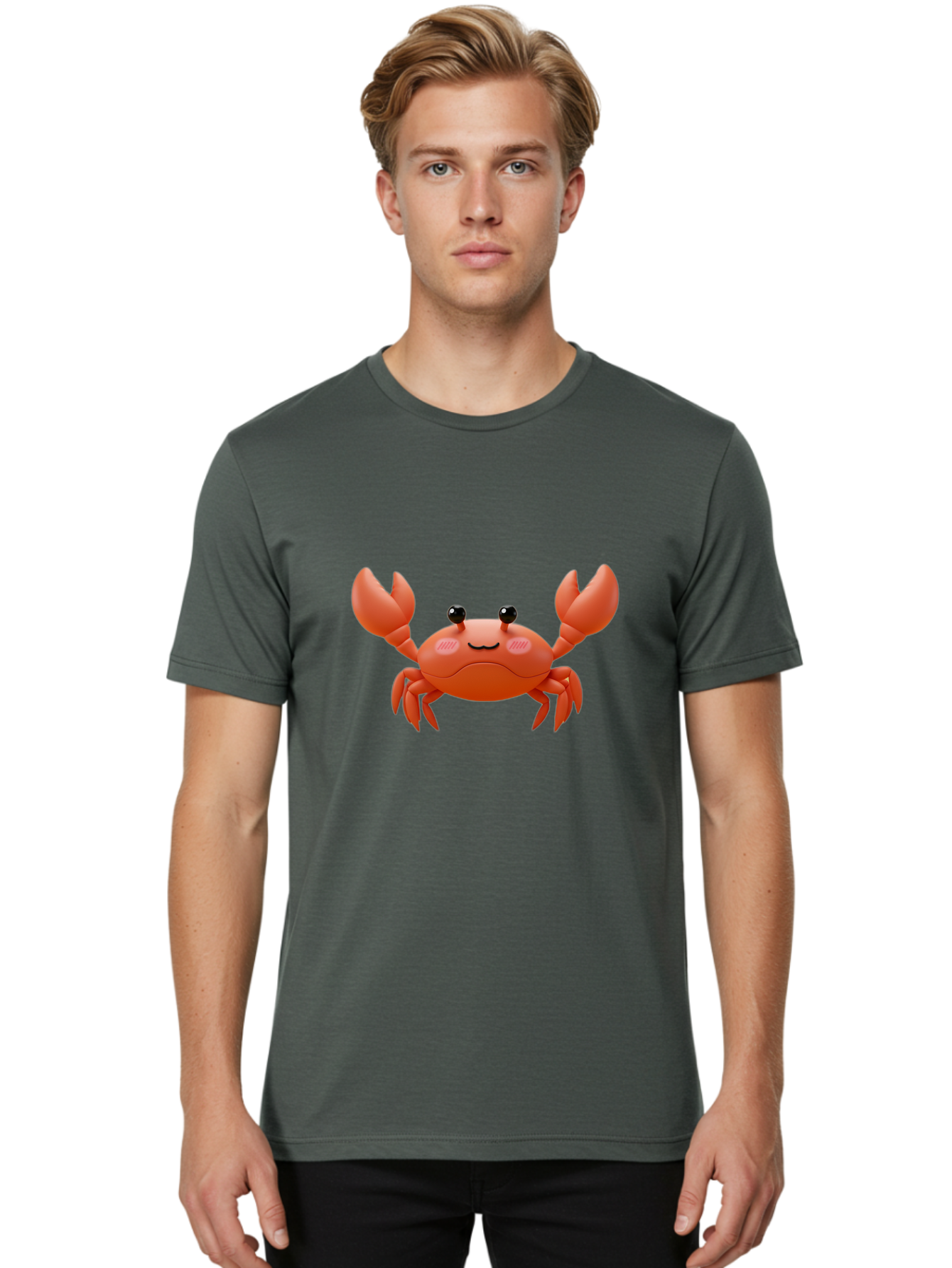 Crab-Emoji Men'S Graphic Tee, 100% Cotton, Comfortable Casual Summer Wear, Machine Washable, Cartoon Crab, Red Crustacean, Smiling Face, Black Eyes, Raised Claws, Cute Emoji, Playful Expression, Digital Illustration, 3D Character Bae161