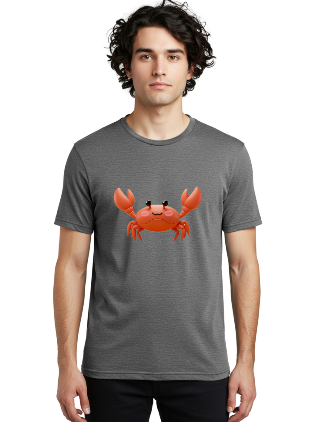 Crab-Emoji Men'S Graphic Tee, 100% Cotton, Comfortable Casual Summer Wear, Machine Washable, Cartoon Crab, Red Crustacean, Smiling Face, Black Eyes, Raised Claws, Cute Emoji, Playful Expression, Digital Illustration, 3D Character Bae161