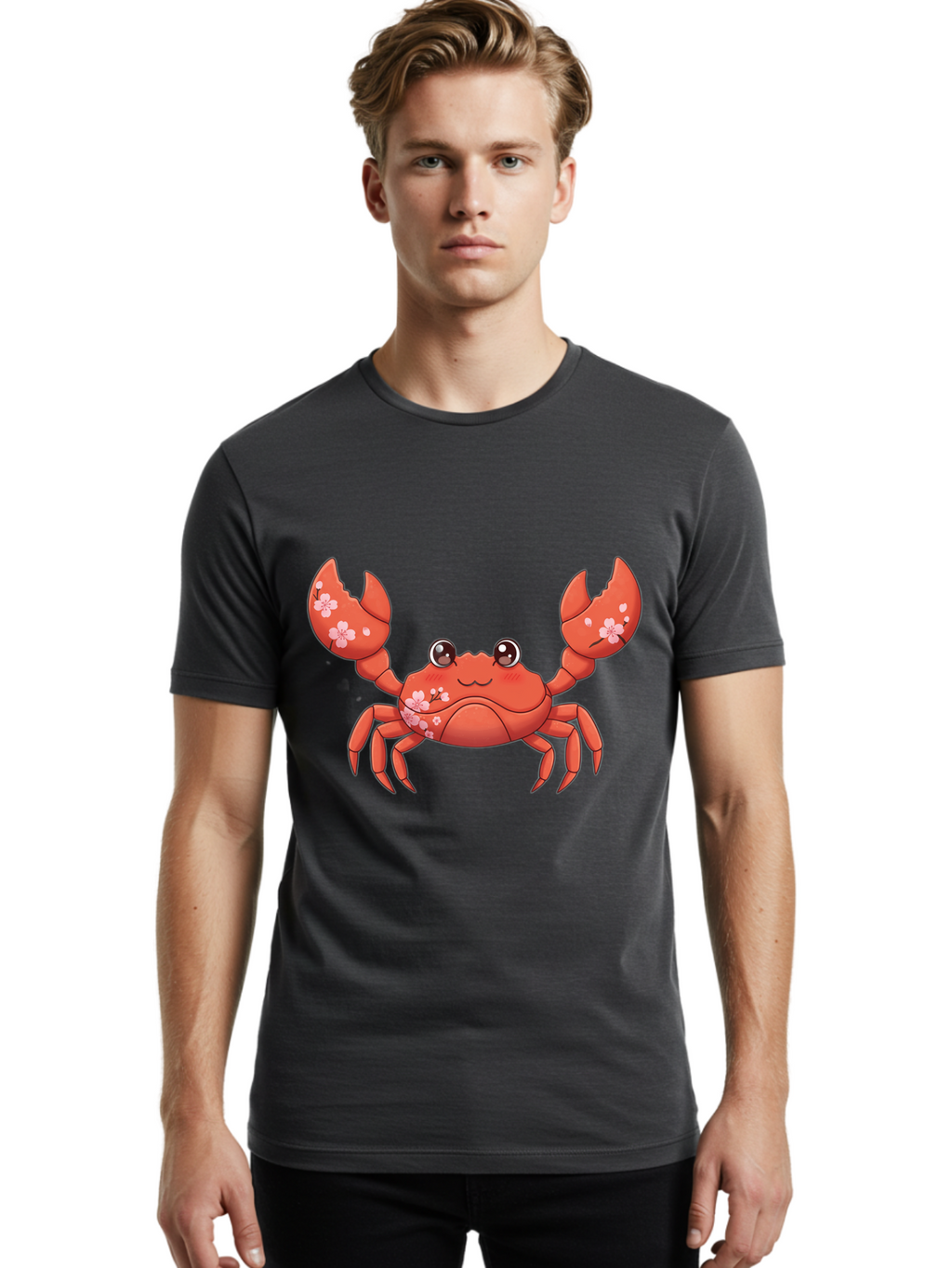 Crab-With-Cherry-Blossoms Men'S Graphic Tee, 100% Cotton, Comfortable Casual Summer Wear, Machine Washable, Cartoon Crab, Cherry Blossoms, Pink Flowers, Cute Crustacean, Anime Style, Kawaii Art, Red Crab, Floral Decorations, Ocean Creature Bae163