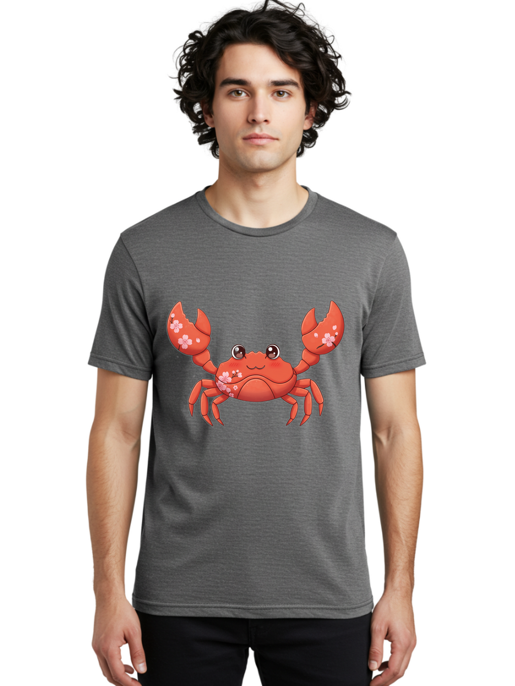 Crab-With-Cherry-Blossoms Men'S Graphic Tee, 100% Cotton, Comfortable Casual Summer Wear, Machine Washable, Cartoon Crab, Cherry Blossoms, Pink Flowers, Cute Crustacean, Anime Style, Kawaii Art, Red Crab, Floral Decorations, Ocean Creature Bae163