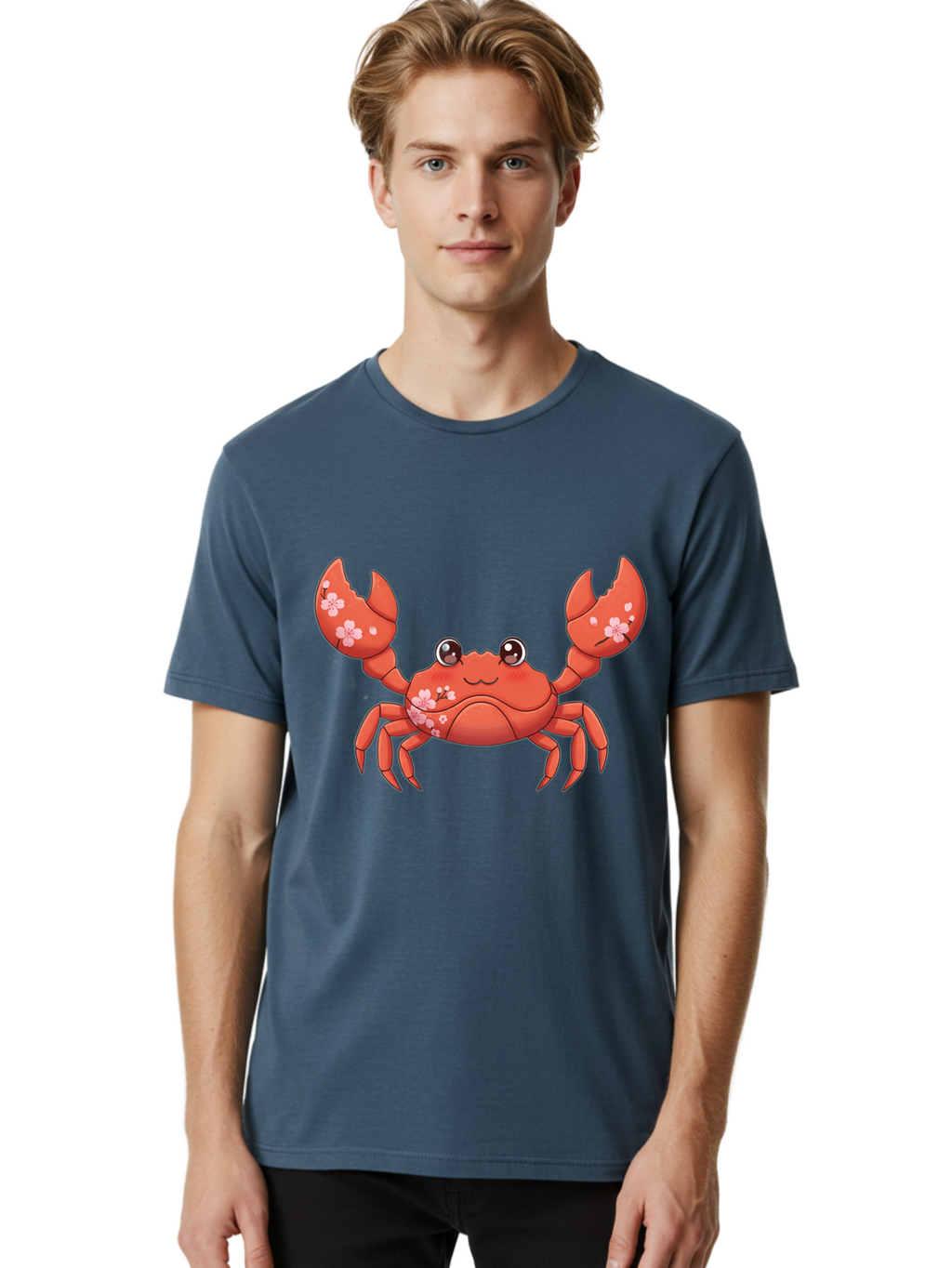 Crab-With-Cherry-Blossoms Men'S Graphic Tee, 100% Cotton, Comfortable Casual Summer Wear, Machine Washable, Cartoon Crab, Cherry Blossoms, Pink Flowers, Cute Crustacean, Anime Style, Kawaii Art, Red Crab, Floral Decorations, Ocean Creature Bae163