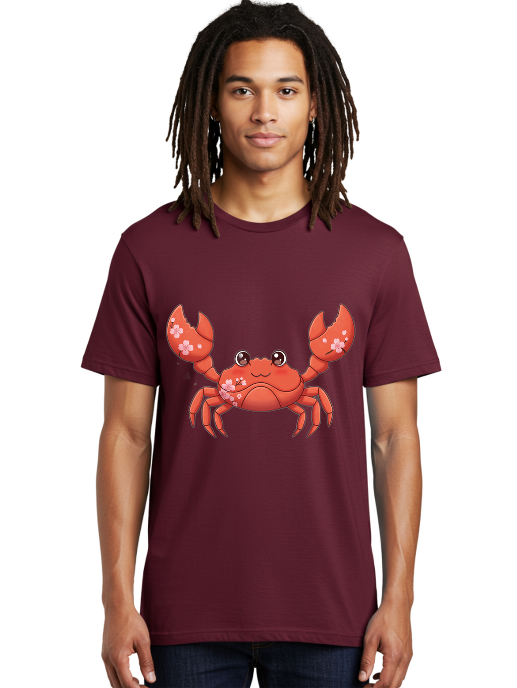 Crab-With-Cherry-Blossoms Men'S Graphic Tee, 100% Cotton, Comfortable Casual Summer Wear, Machine Washable, Cartoon Crab, Cherry Blossoms, Pink Flowers, Cute Crustacean, Anime Style, Kawaii Art, Red Crab, Floral Decorations, Ocean Creature Bae163