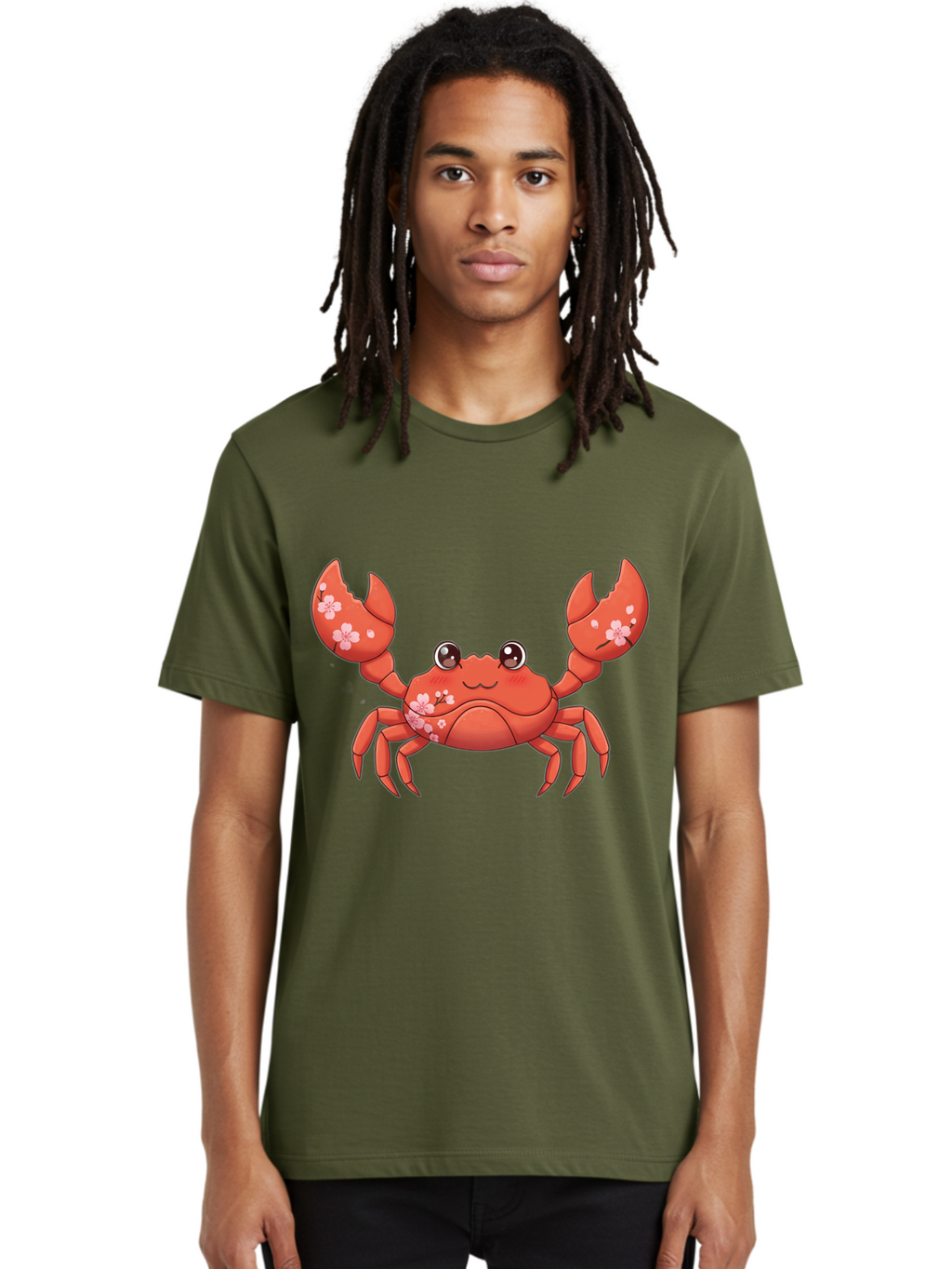 Crab-With-Cherry-Blossoms Men'S Graphic Tee, 100% Cotton, Comfortable Casual Summer Wear, Machine Washable, Cartoon Crab, Cherry Blossoms, Pink Flowers, Cute Crustacean, Anime Style, Kawaii Art, Red Crab, Floral Decorations, Ocean Creature Bae163