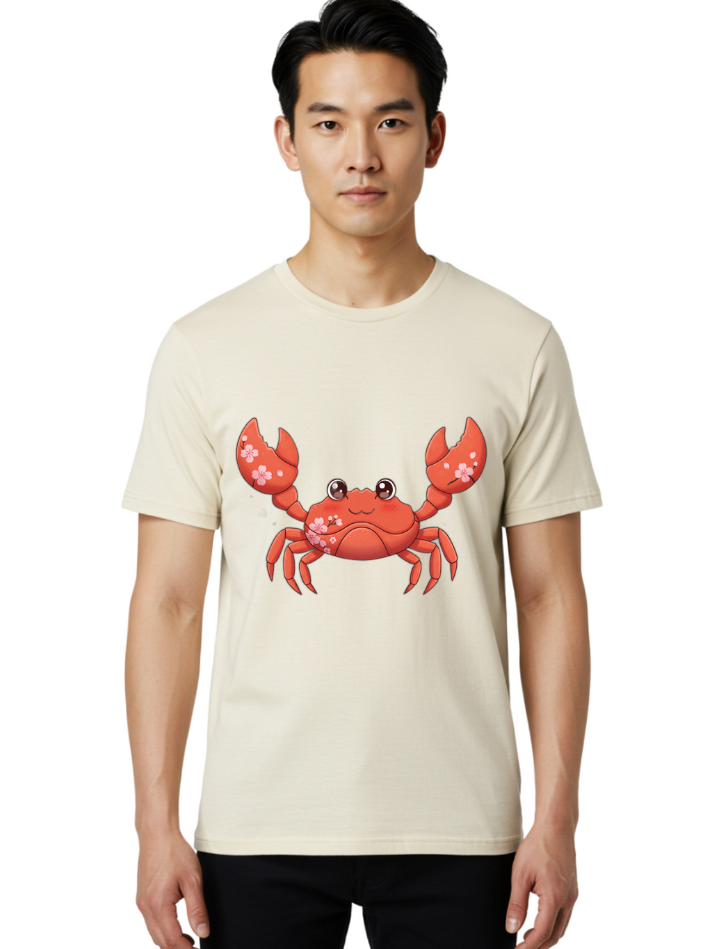 Crab-With-Cherry-Blossoms Men'S Graphic Tee, 100% Cotton, Comfortable Casual Summer Wear, Machine Washable, Cartoon Crab, Cherry Blossoms, Pink Flowers, Cute Crustacean, Anime Style, Kawaii Art, Red Crab, Floral Decorations, Ocean Creature Bae163