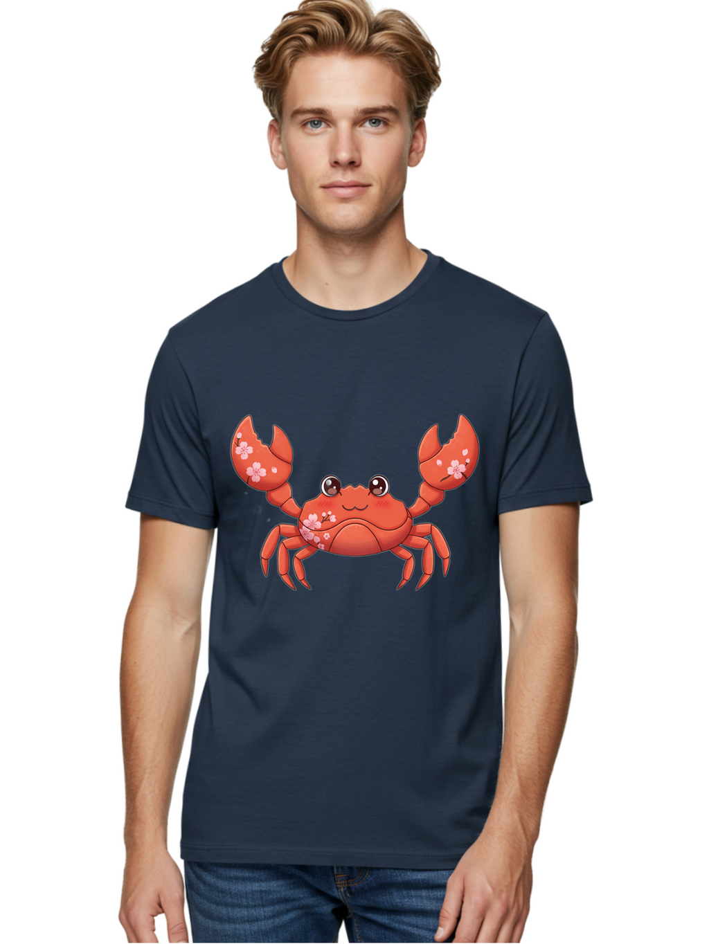 Crab-With-Cherry-Blossoms Men'S Graphic Tee, 100% Cotton, Comfortable Casual Summer Wear, Machine Washable, Cartoon Crab, Cherry Blossoms, Pink Flowers, Cute Crustacean, Anime Style, Kawaii Art, Red Crab, Floral Decorations, Ocean Creature Bae163