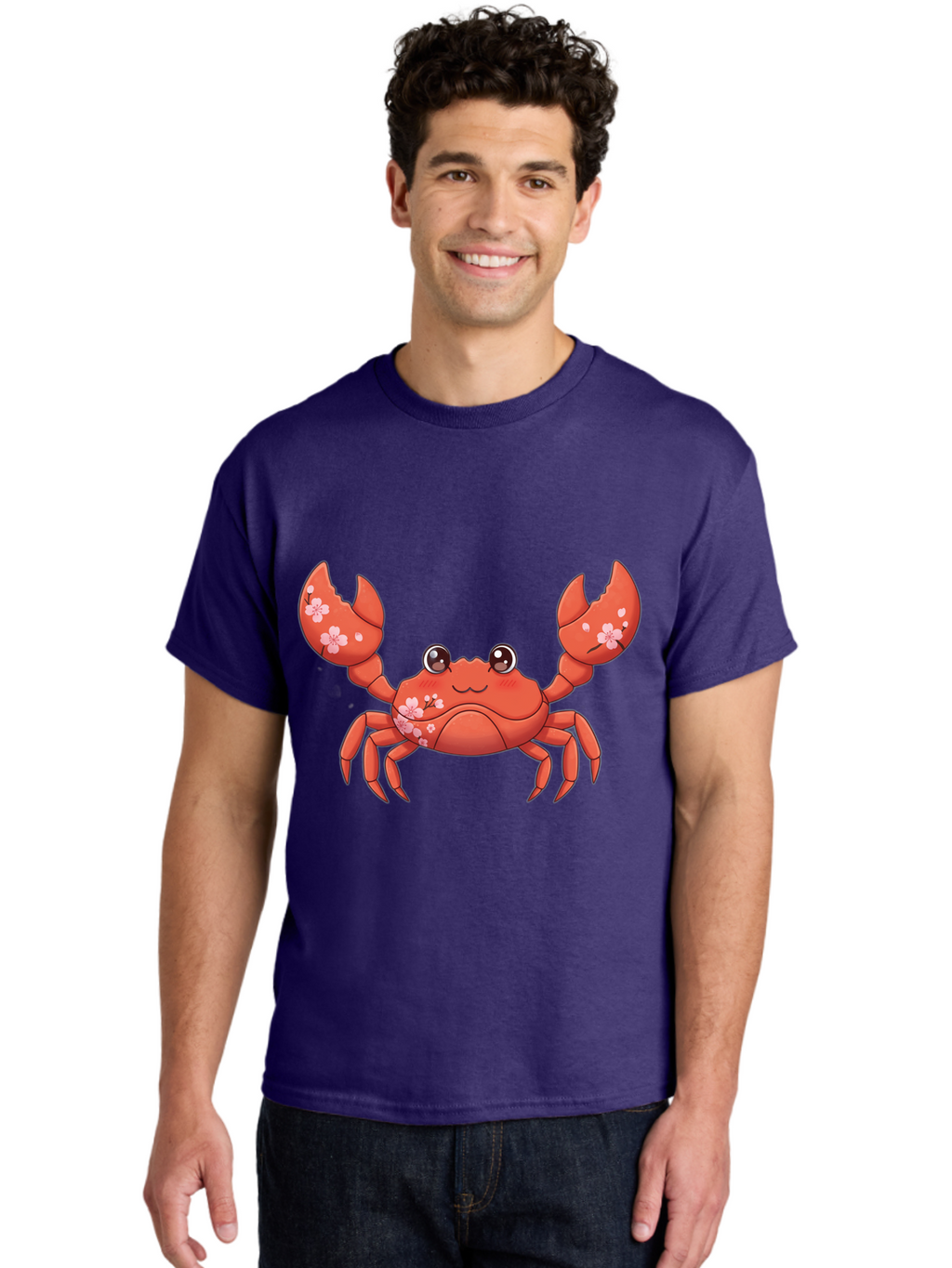 Crab-With-Cherry-Blossoms Men'S Graphic Tee, 100% Cotton, Comfortable Casual Summer Wear, Machine Washable, Cartoon Crab, Cherry Blossoms, Pink Flowers, Cute Crustacean, Anime Style, Kawaii Art, Red Crab, Floral Decorations, Ocean Creature Bae163