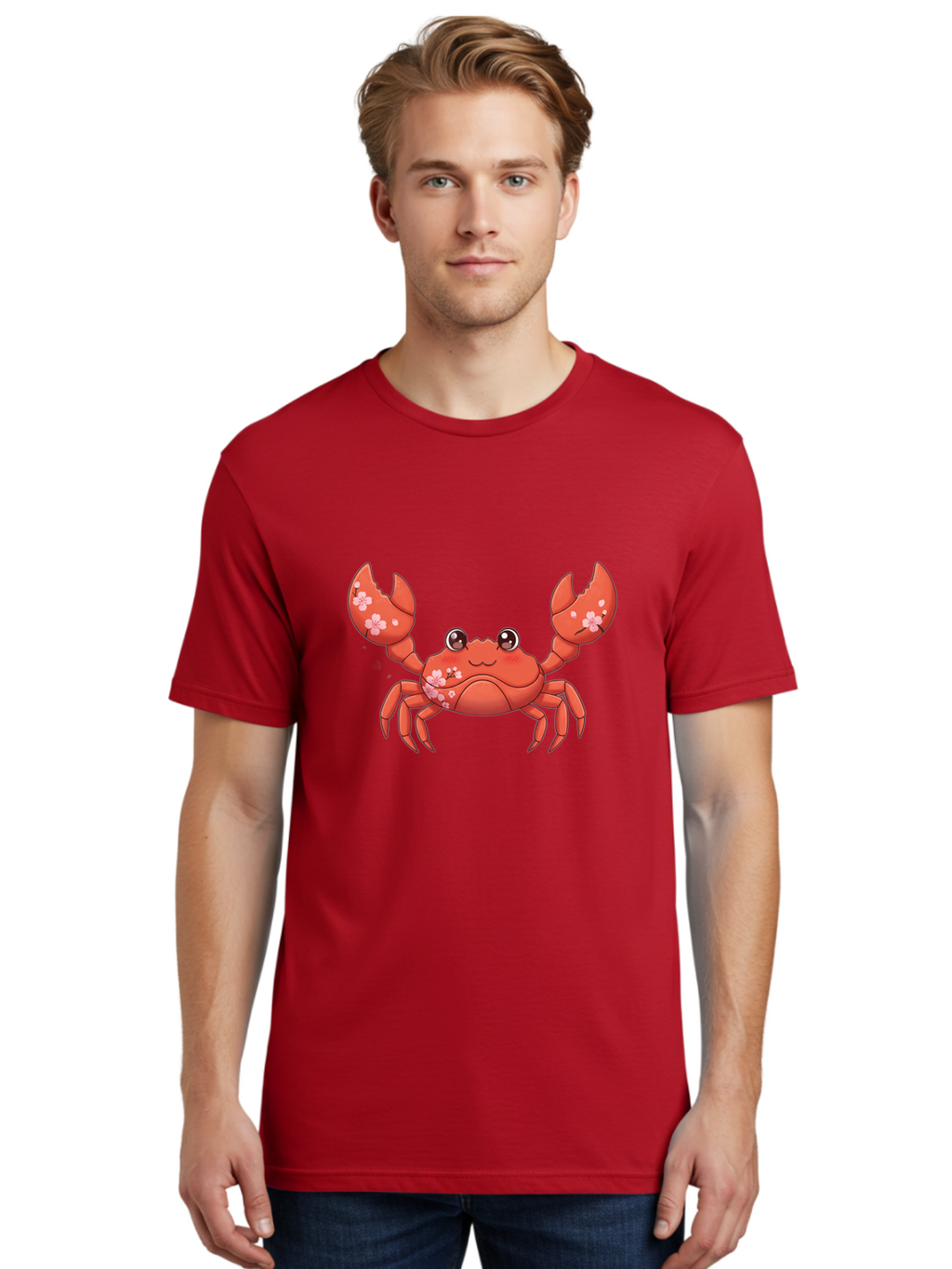 Crab-With-Cherry-Blossoms Men'S Graphic Tee, 100% Cotton, Comfortable Casual Summer Wear, Machine Washable, Cartoon Crab, Cherry Blossoms, Pink Flowers, Cute Crustacean, Anime Style, Kawaii Art, Red Crab, Floral Decorations, Ocean Creature Bae163