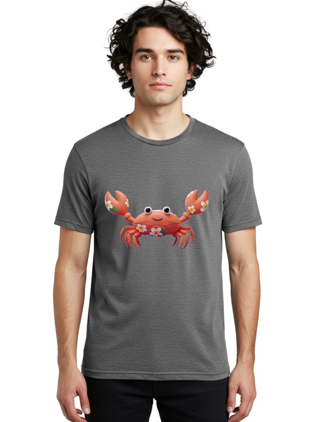 Crab-With-Flowers-1 Men'S Graphic Tee, 100% Cotton, Comfortable Casual Summer Wear, Machine Washable, Cartoon Crab, Floral Decoration, Orange Crustacean, Tropical Flowers, Smiling Face, Cute Design, Beach Theme, Island Vibes, Playful Character Bae164