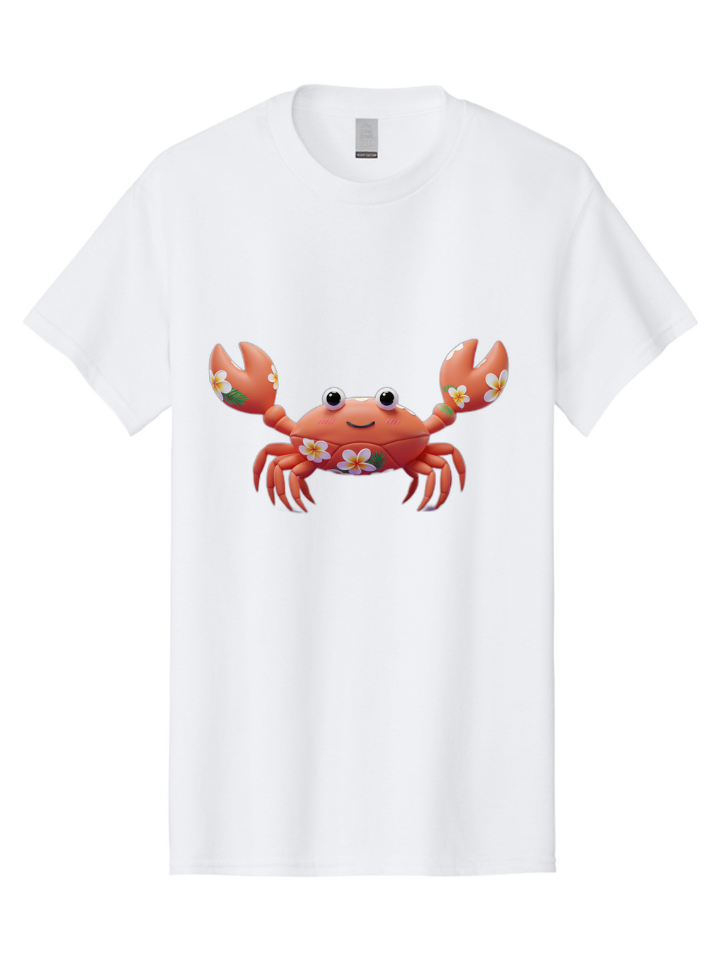 Crab-With-Flowers-1 Men'S Graphic Tee, 100% Cotton, Comfortable Casual Summer Wear, Machine Washable, Cartoon Crab, Floral Decoration, Orange Crustacean, Tropical Flowers, Smiling Face, Cute Design, Beach Theme, Island Vibes, Playful Character Bae164