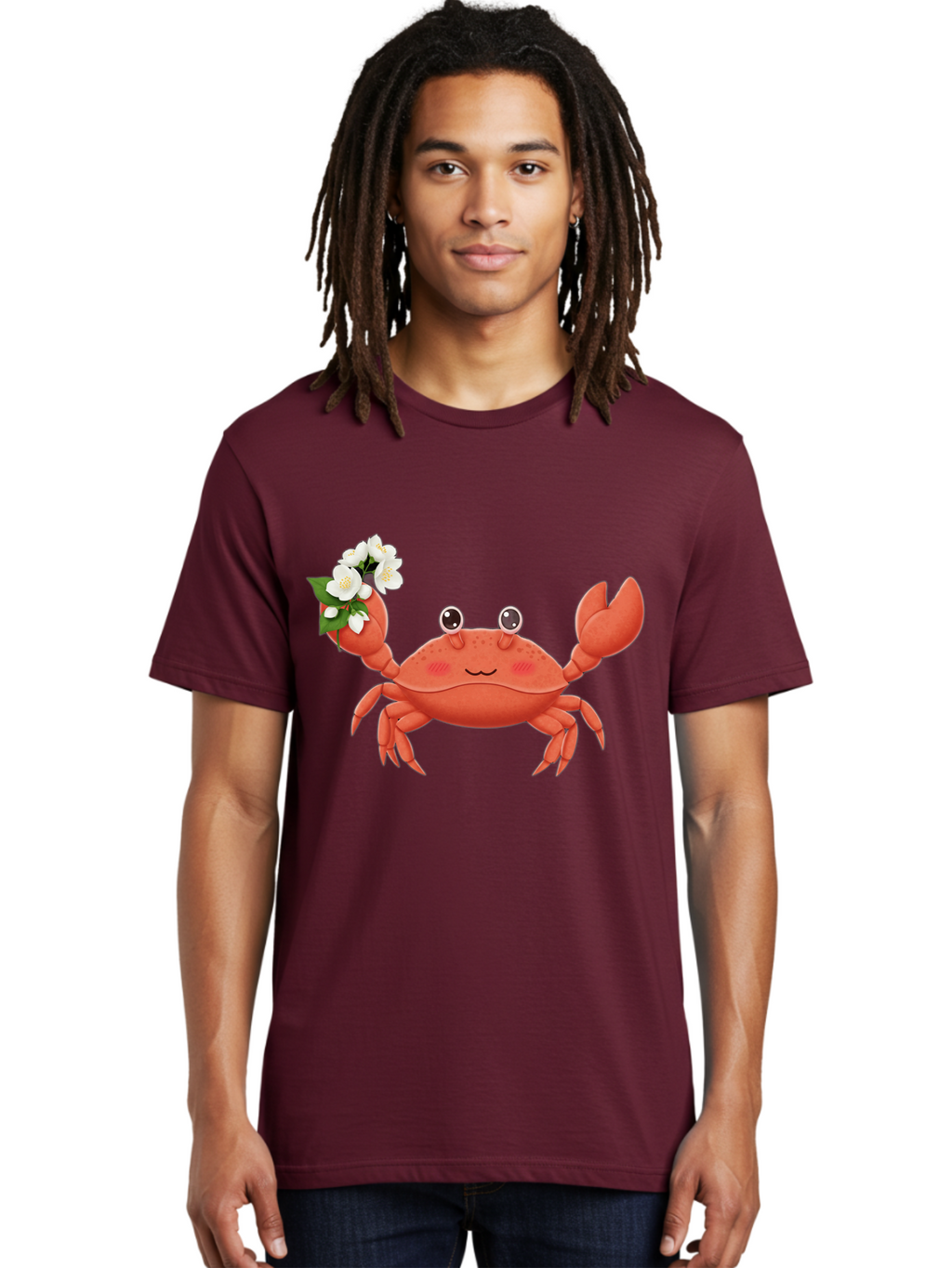 Crab-With-Flowers-2 Men'S Graphic Tee, 100% Cotton, Comfortable Casual Summer Wear, Machine Washable, Cartoon Crab, Pink Crustacean, White Flowers, Green Leaves, Playful Character, Cute Illustration, Kawaii Art, Smiling Crab, Floral Claw, Bae165