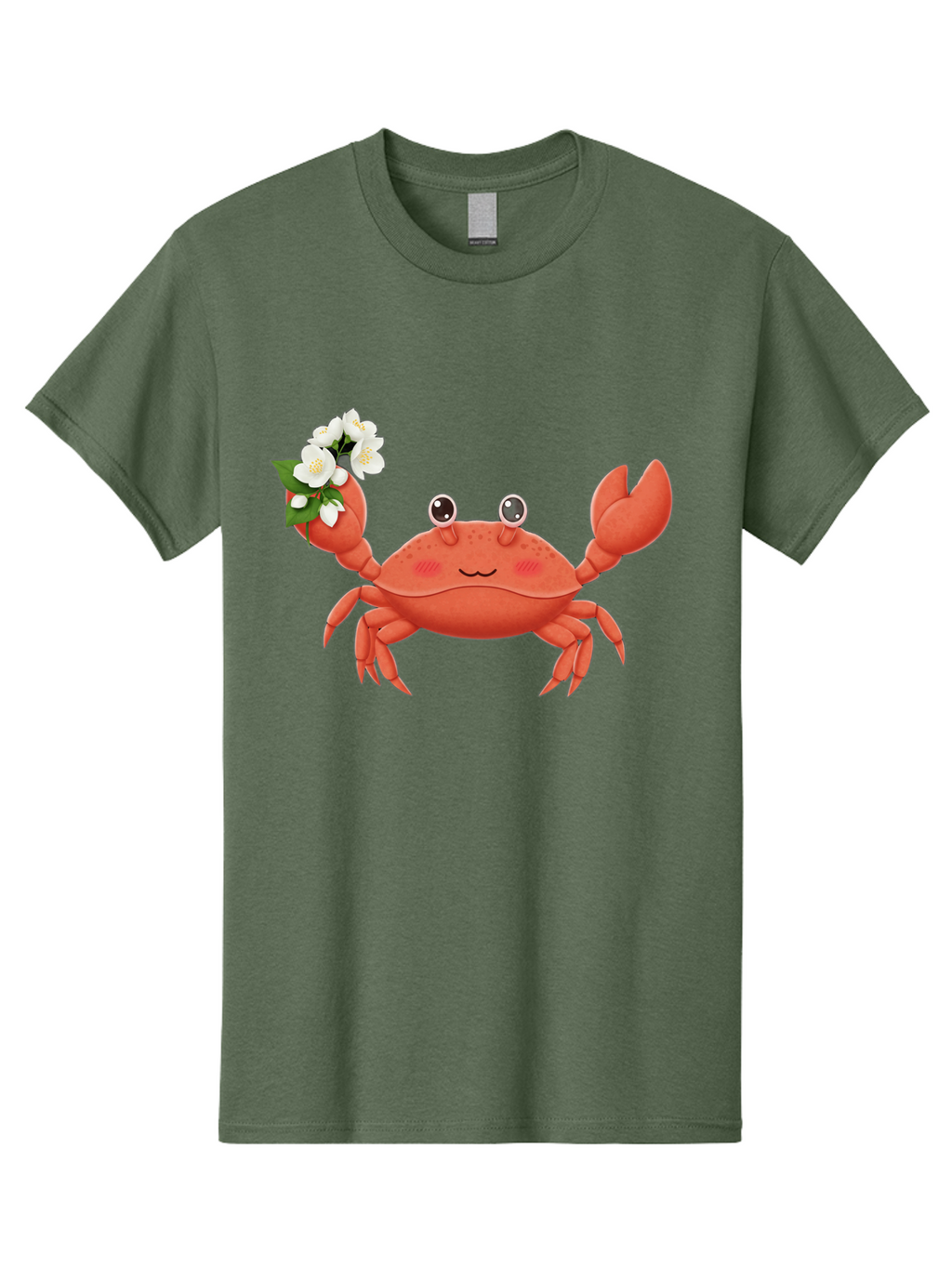 Crab-With-Flowers-2 Men'S Graphic Tee, 100% Cotton, Comfortable Casual Summer Wear, Machine Washable, Cartoon Crab, Pink Crustacean, White Flowers, Green Leaves, Playful Character, Cute Illustration, Kawaii Art, Smiling Crab, Floral Claw, Bae165