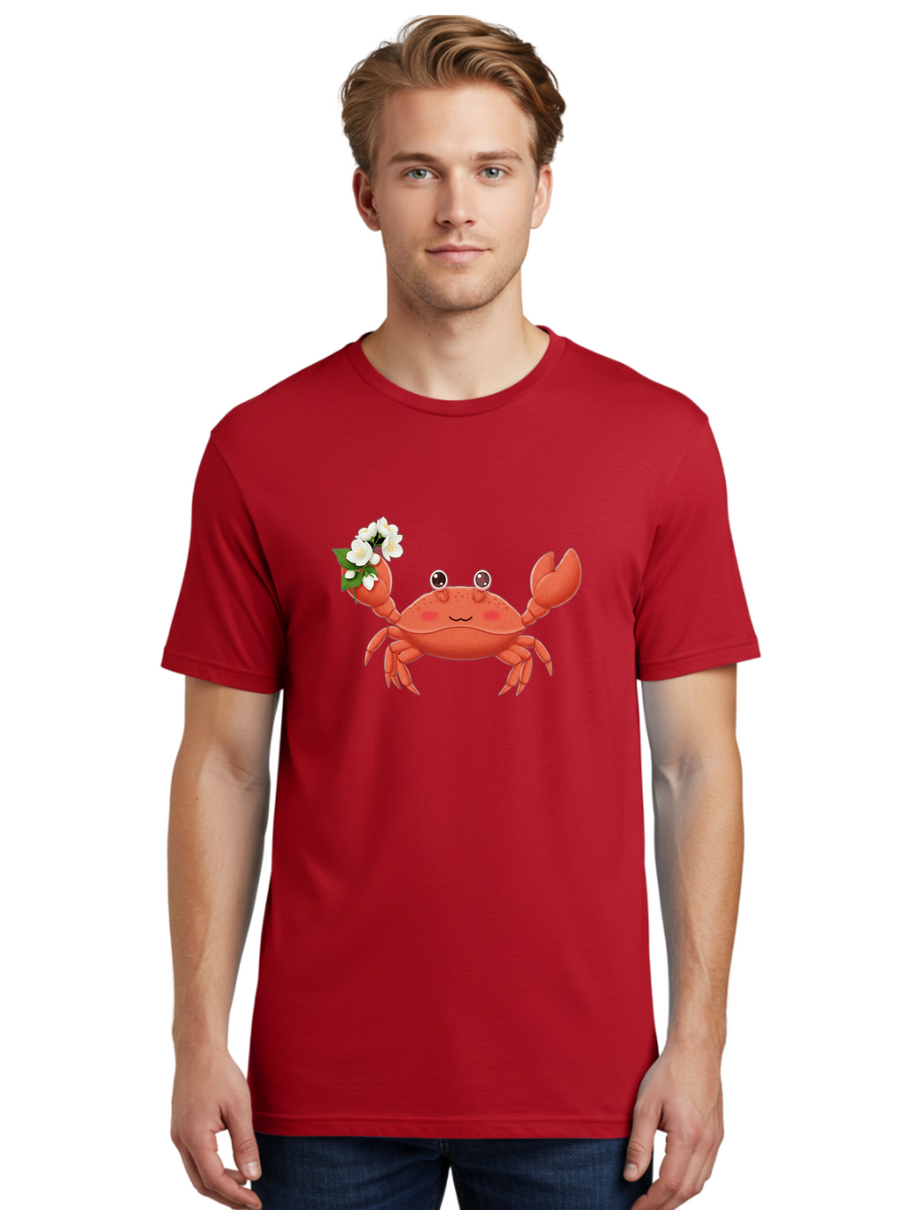 Crab-With-Flowers-2 Men'S Graphic Tee, 100% Cotton, Comfortable Casual Summer Wear, Machine Washable, Cartoon Crab, Pink Crustacean, White Flowers, Green Leaves, Playful Character, Cute Illustration, Kawaii Art, Smiling Crab, Floral Claw, Bae165