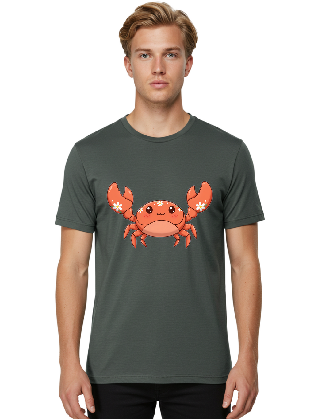 Crab-With-Flowers Men'S Graphic Tee, 100% Cotton, Comfortable Casual Summer Wear, Machine Washable, Cartoon Crab, Orange Crustacean, White Flowers, Cute Crustacean, Kawaii Art, Crab Illustration, Digital Artwork, Charming Character Bae166