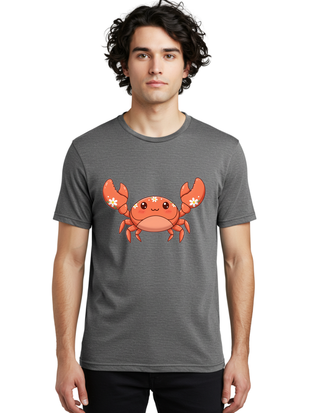 Crab-With-Flowers Men'S Graphic Tee, 100% Cotton, Comfortable Casual Summer Wear, Machine Washable, Cartoon Crab, Orange Crustacean, White Flowers, Cute Crustacean, Kawaii Art, Crab Illustration, Digital Artwork, Charming Character Bae166