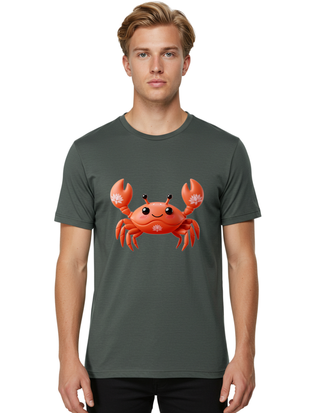 Crab Men'S Graphic Tee, 100% Cotton, Comfortable Casual Summer Wear, Machine Washable, Smiling Crab, Lotus Flower Designs, Cartoon Crustacean, Orange Shellfish, Kawaii Character, Digital Illustration, Sea Creature, Cheerful Animal, Bae167