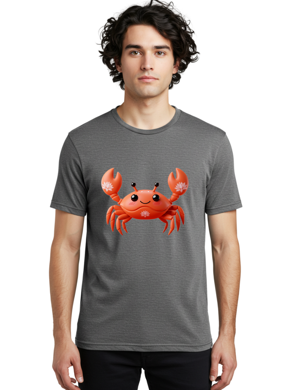 Crab Men'S Graphic Tee, 100% Cotton, Comfortable Casual Summer Wear, Machine Washable, Smiling Crab, Lotus Flower Designs, Cartoon Crustacean, Orange Shellfish, Kawaii Character, Digital Illustration, Sea Creature, Cheerful Animal, Bae167