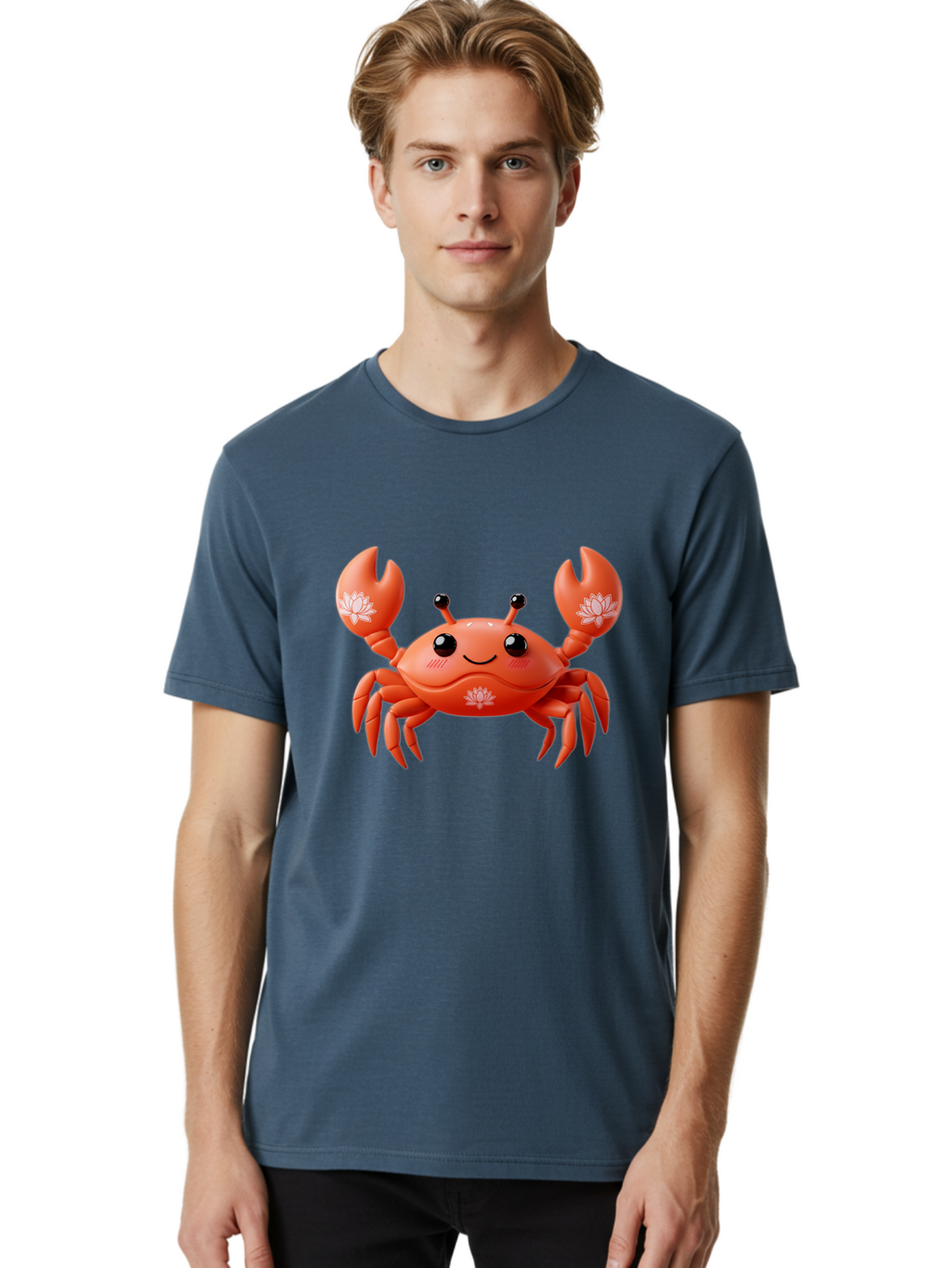 Crab Men'S Graphic Tee, 100% Cotton, Comfortable Casual Summer Wear, Machine Washable, Smiling Crab, Lotus Flower Designs, Cartoon Crustacean, Orange Shellfish, Kawaii Character, Digital Illustration, Sea Creature, Cheerful Animal, Bae167