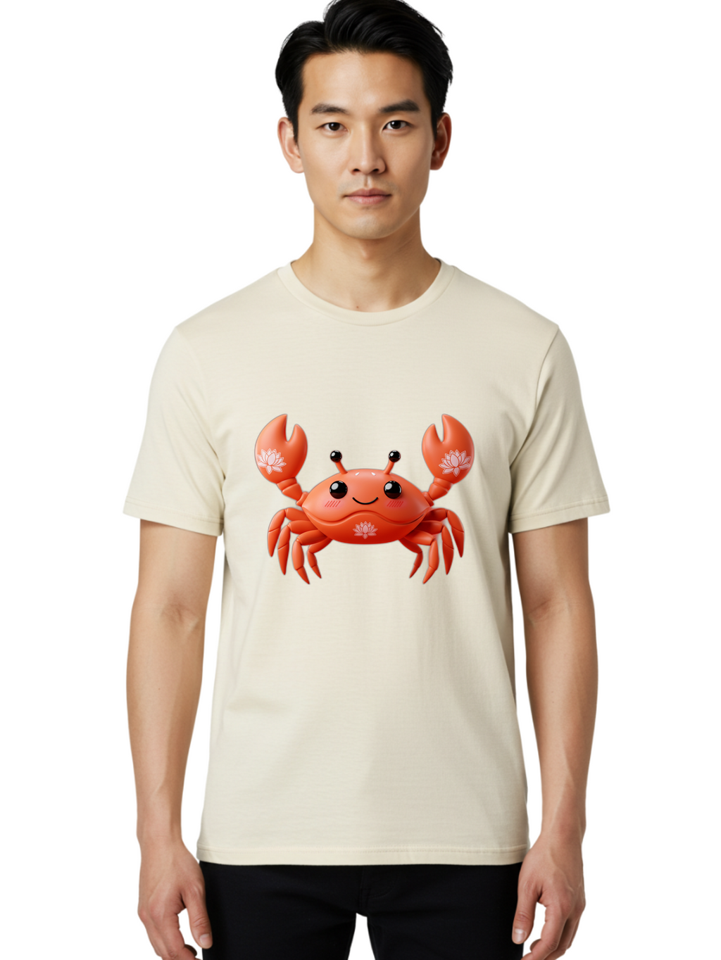 Crab Men'S Graphic Tee, 100% Cotton, Comfortable Casual Summer Wear, Machine Washable, Smiling Crab, Lotus Flower Designs, Cartoon Crustacean, Orange Shellfish, Kawaii Character, Digital Illustration, Sea Creature, Cheerful Animal, Bae167