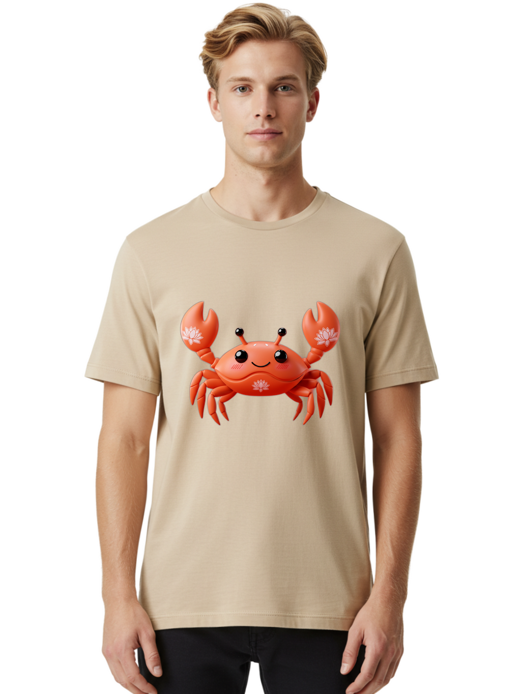 Crab Men'S Graphic Tee, 100% Cotton, Comfortable Casual Summer Wear, Machine Washable, Smiling Crab, Lotus Flower Designs, Cartoon Crustacean, Orange Shellfish, Kawaii Character, Digital Illustration, Sea Creature, Cheerful Animal, Bae167