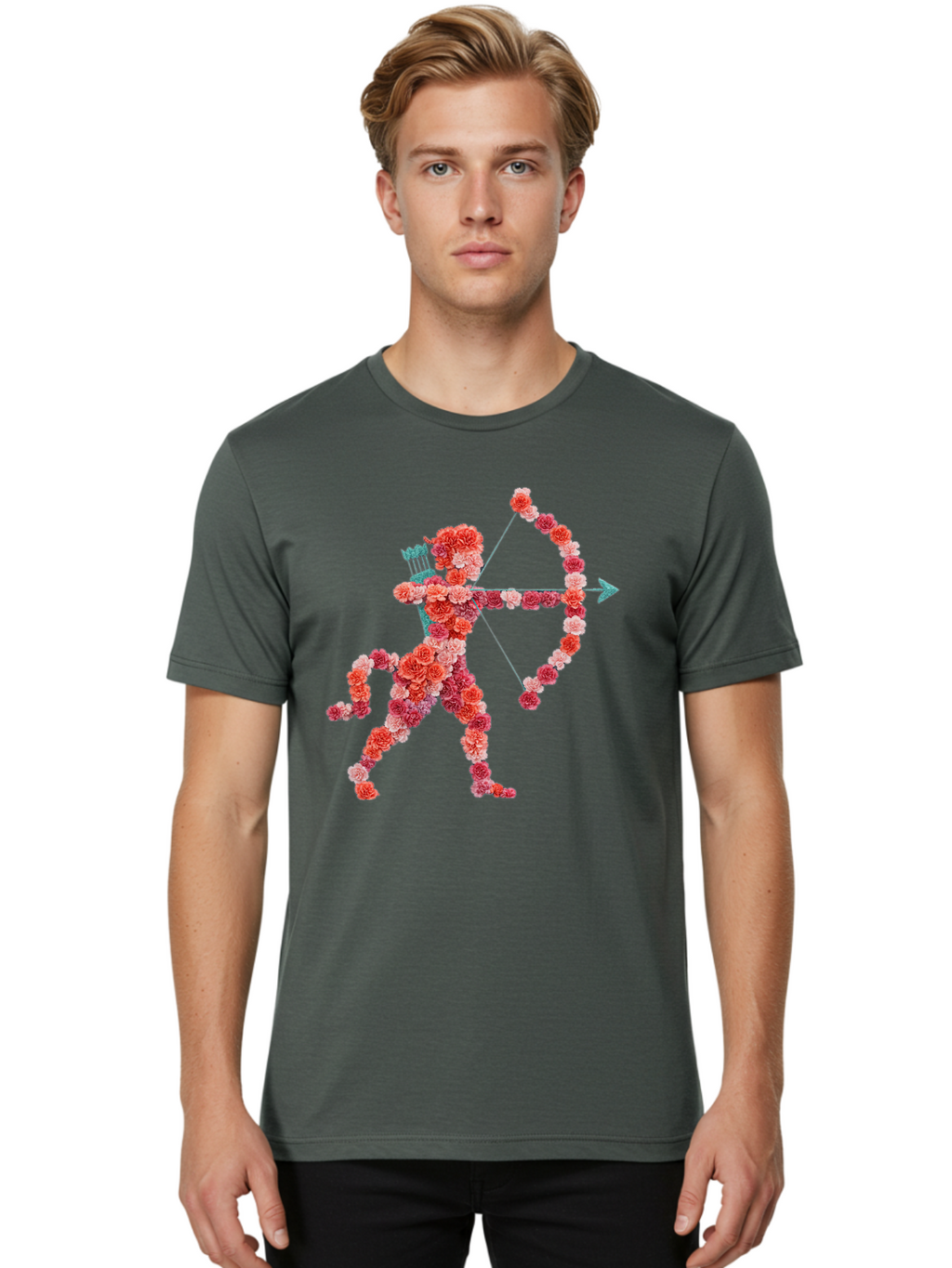Cupid Men'S Graphic Tee, 100% Cotton, Comfortable Casual Summer Wear, Machine Washable, Cupid Made Of Flowers, Floral Art, Cute Cupid, Flower Power, Love Symbol, Valentine'S Day, Romance, Bow And Arrow, Pink Roses Bae168