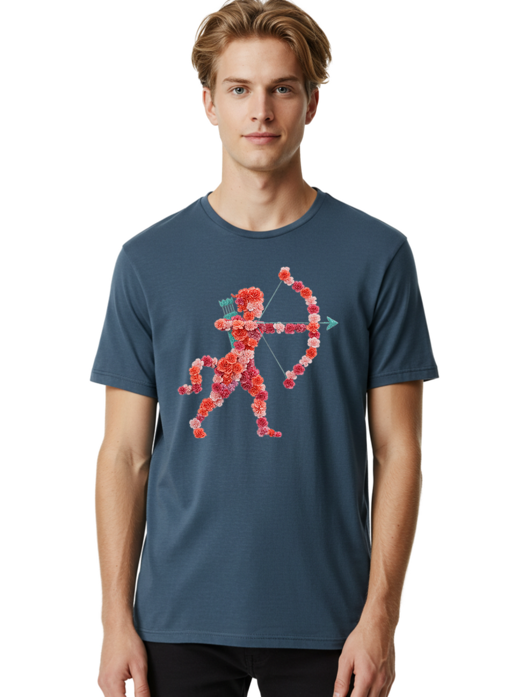 Cupid Men'S Graphic Tee, 100% Cotton, Comfortable Casual Summer Wear, Machine Washable, Cupid Made Of Flowers, Floral Art, Cute Cupid, Flower Power, Love Symbol, Valentine'S Day, Romance, Bow And Arrow, Pink Roses Bae168