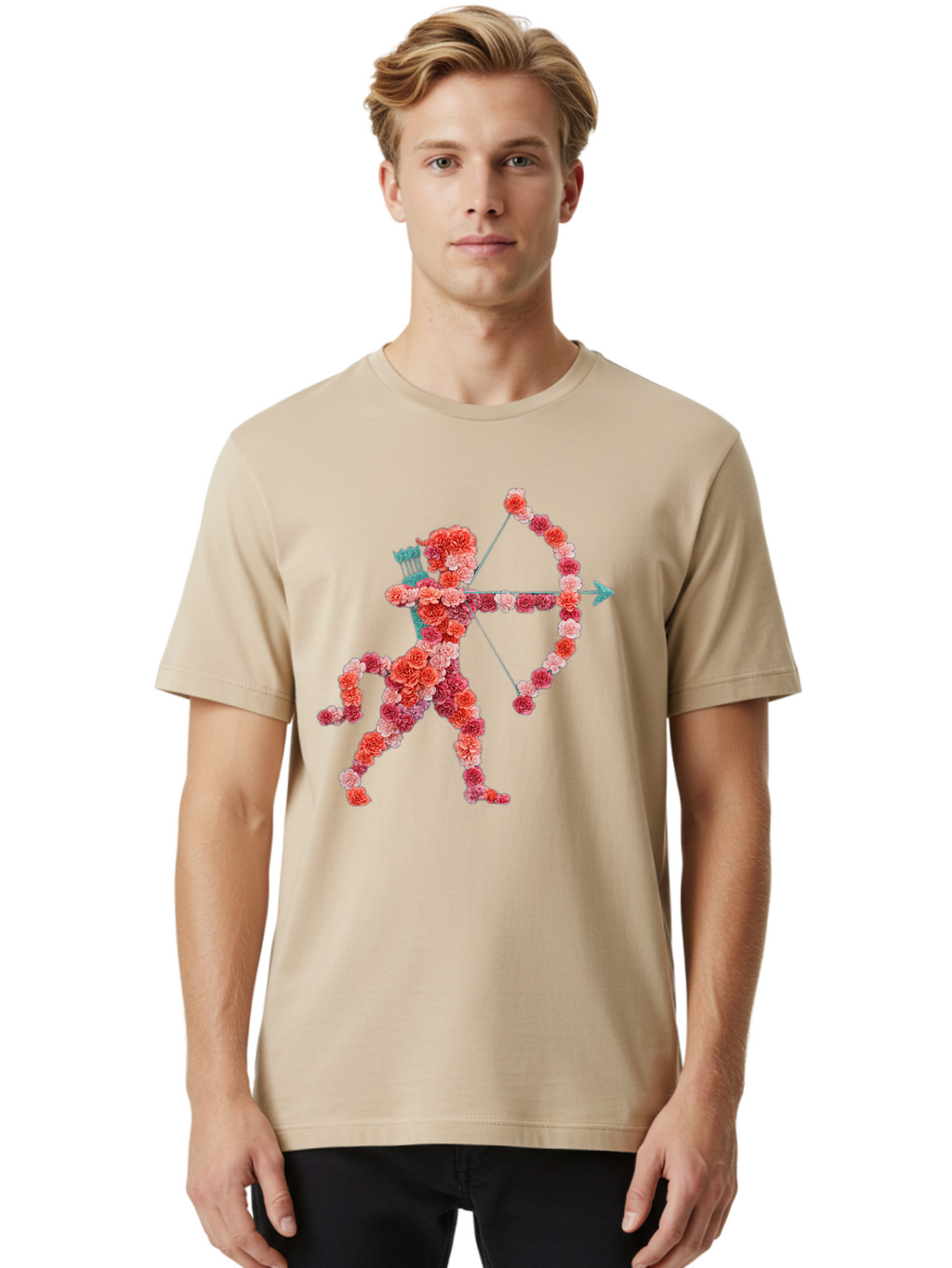 Cupid Men'S Graphic Tee, 100% Cotton, Comfortable Casual Summer Wear, Machine Washable, Cupid Made Of Flowers, Floral Art, Cute Cupid, Flower Power, Love Symbol, Valentine'S Day, Romance, Bow And Arrow, Pink Roses Bae168