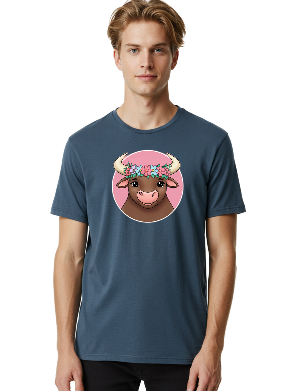 Cute-Bull-With-Flowers Men'S Graphic Tee, 100% Cotton, Comfortable Casual Summer Wear, Machine Washable, Cartoon Bull, Floral Wreath, Cute Animal, Pastel Colors, Adorable Illustration, Charming Design, Whimsical Art, Lovely Cow, Bae169