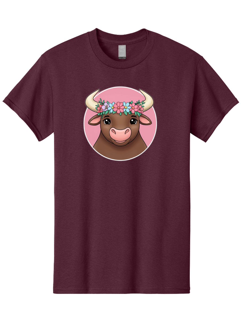 Cute-Bull-With-Flowers Men'S Graphic Tee, 100% Cotton, Comfortable Casual Summer Wear, Machine Washable, Cartoon Bull, Floral Wreath, Cute Animal, Pastel Colors, Adorable Illustration, Charming Design, Whimsical Art, Lovely Cow, Bae169