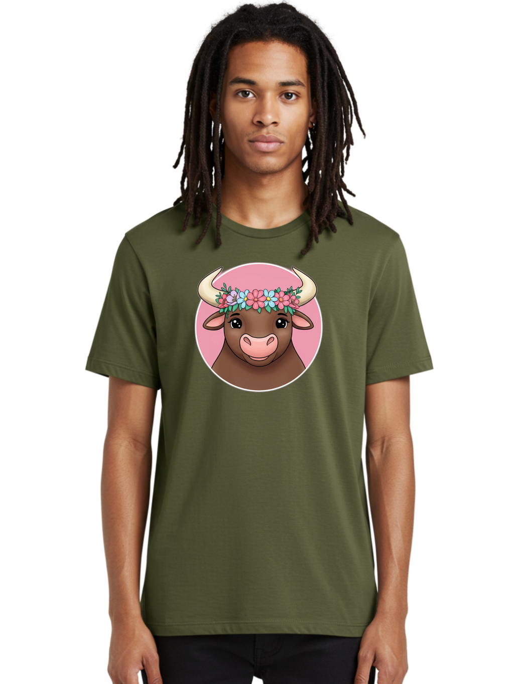 Cute-Bull-With-Flowers Men'S Graphic Tee, 100% Cotton, Comfortable Casual Summer Wear, Machine Washable, Cartoon Bull, Floral Wreath, Cute Animal, Pastel Colors, Adorable Illustration, Charming Design, Whimsical Art, Lovely Cow, Bae169