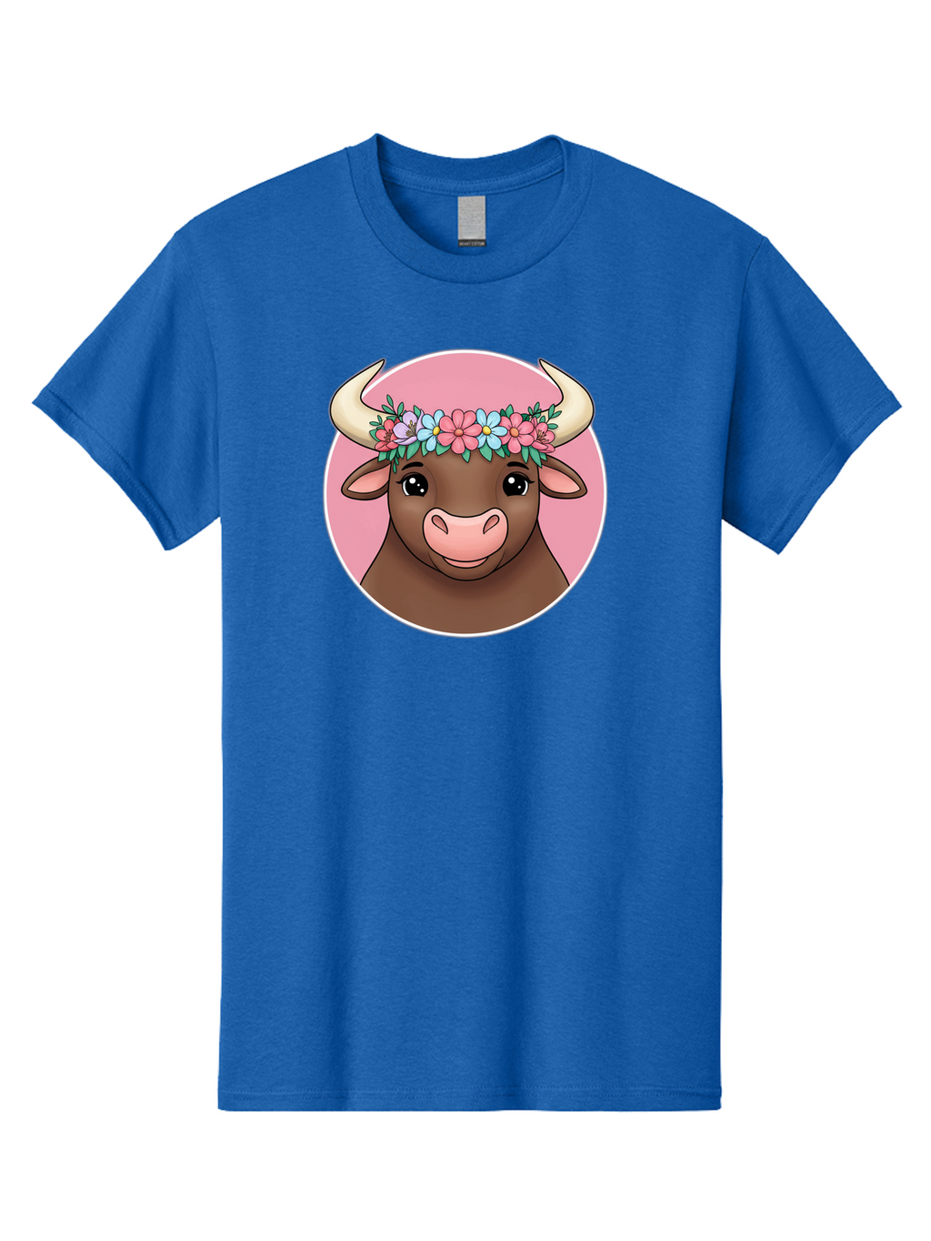 Cute-Bull-With-Flowers Men'S Graphic Tee, 100% Cotton, Comfortable Casual Summer Wear, Machine Washable, Cartoon Bull, Floral Wreath, Cute Animal, Pastel Colors, Adorable Illustration, Charming Design, Whimsical Art, Lovely Cow, Bae169