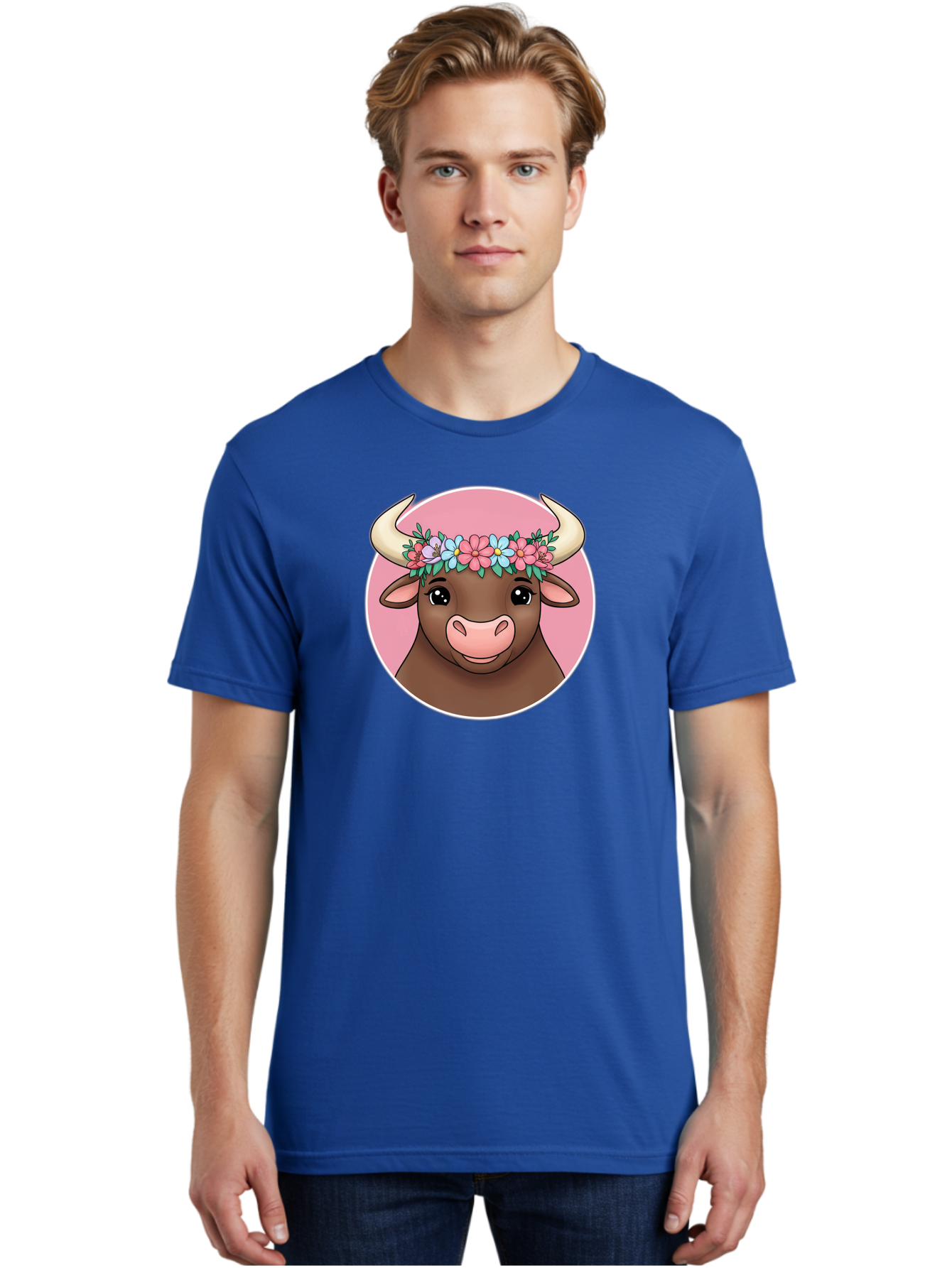 Cute-Bull-With-Flowers Men'S Graphic Tee, 100% Cotton, Comfortable Casual Summer Wear, Machine Washable, Cartoon Bull, Floral Wreath, Cute Animal, Pastel Colors, Adorable Illustration, Charming Design, Whimsical Art, Lovely Cow, Bae169